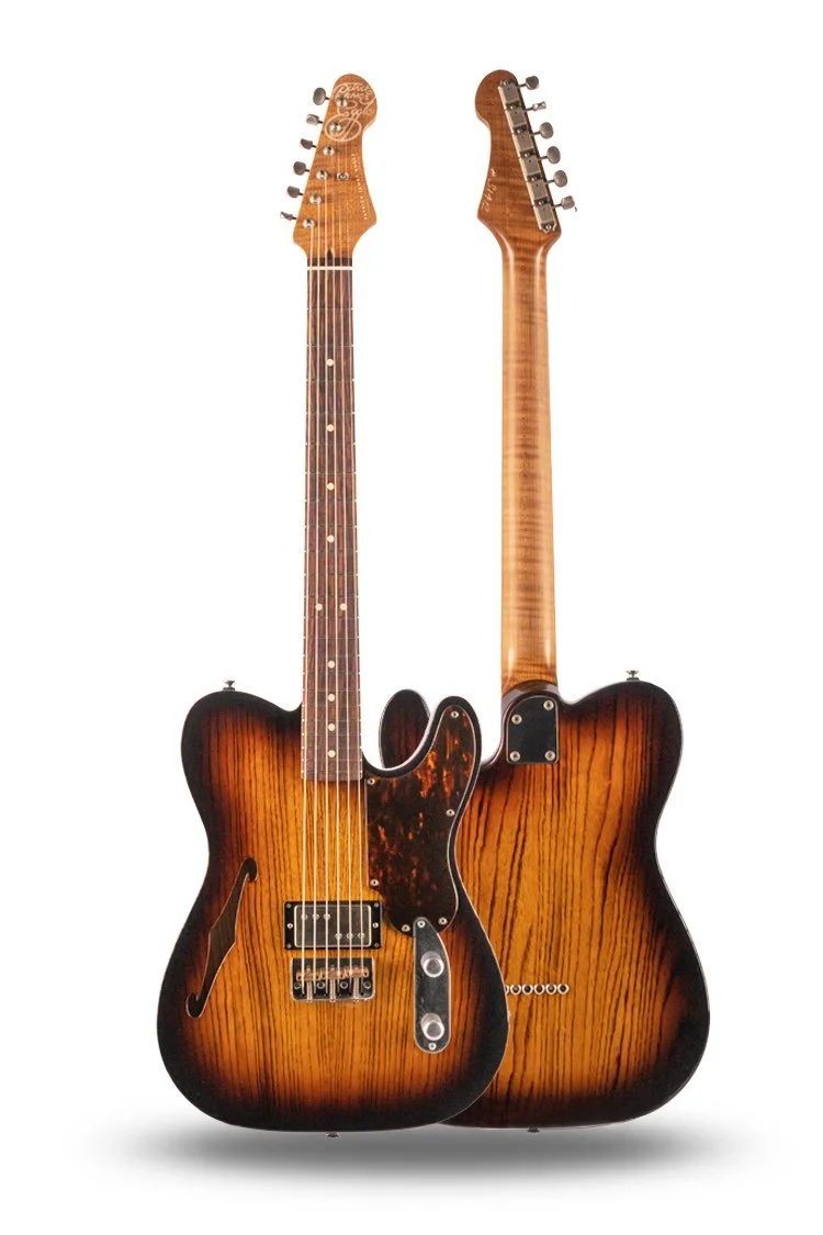 Two vintage-style electric guitars with sunburst finish, one showing the front with pickups and controls, the other showing the back.