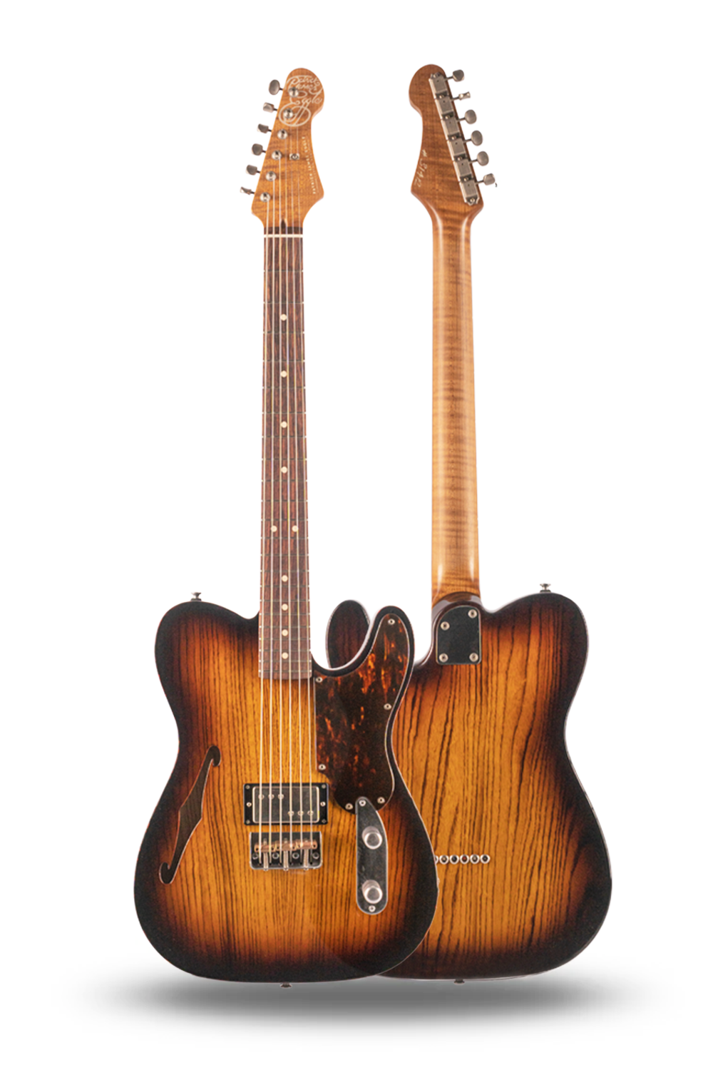 Two vintage electric guitars with sunburst finishes, one facing forward and the other showing its back, against a white background.