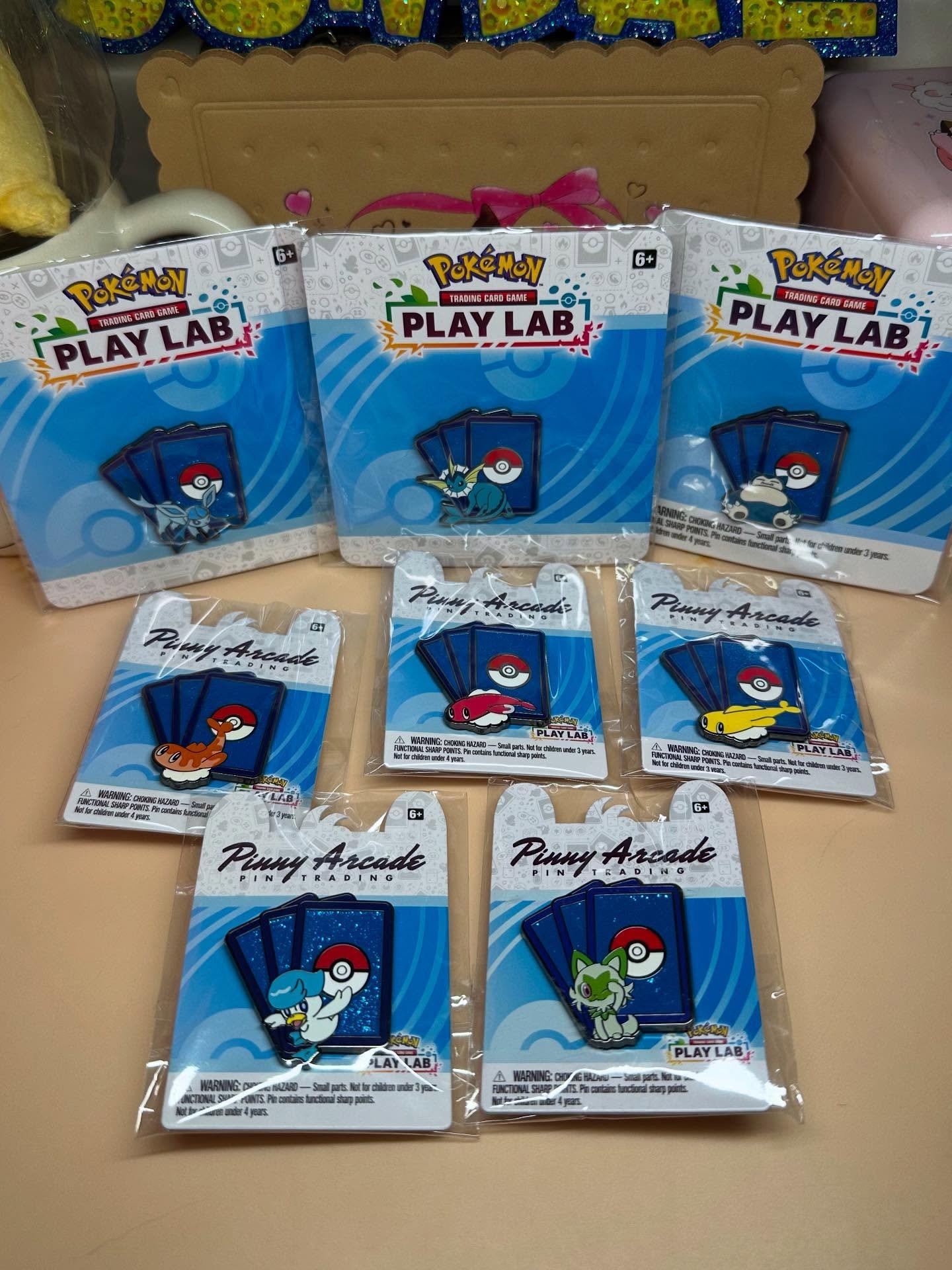 My @pokemon Play Lab pins ✨
I received each one of these by participating in the Pok&eacute;mon Play Lab at different events!

Sprigatito - PAX East 2023
Quaxly - PAX Unplugged 2023
Tatsugiri (Curly) - PAX East 2024
Vaporeon - Pok&eacute;mon NAIC 202