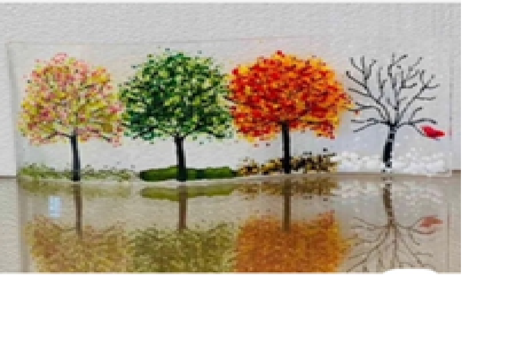 A colorful artwork of four trees in different seasons, from left to right: a pink and yellow flowering tree, a green leafy tree, a red and orange autumn tree, and a bare winter tree with a red bird on a branch, all reflected on a shiny surface.