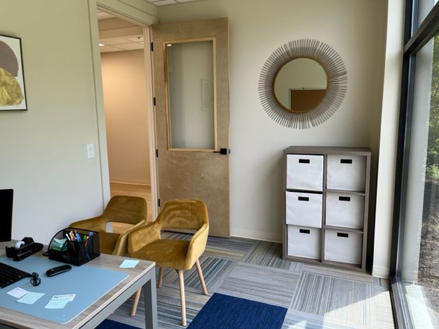 Office interior with modern decor, two mustard-colored chairs facing a desk, a computer on the desk, a textured carpet, a storage unit with fabric bins, a wall mirror with a sunburst frame, and a window with natural light.