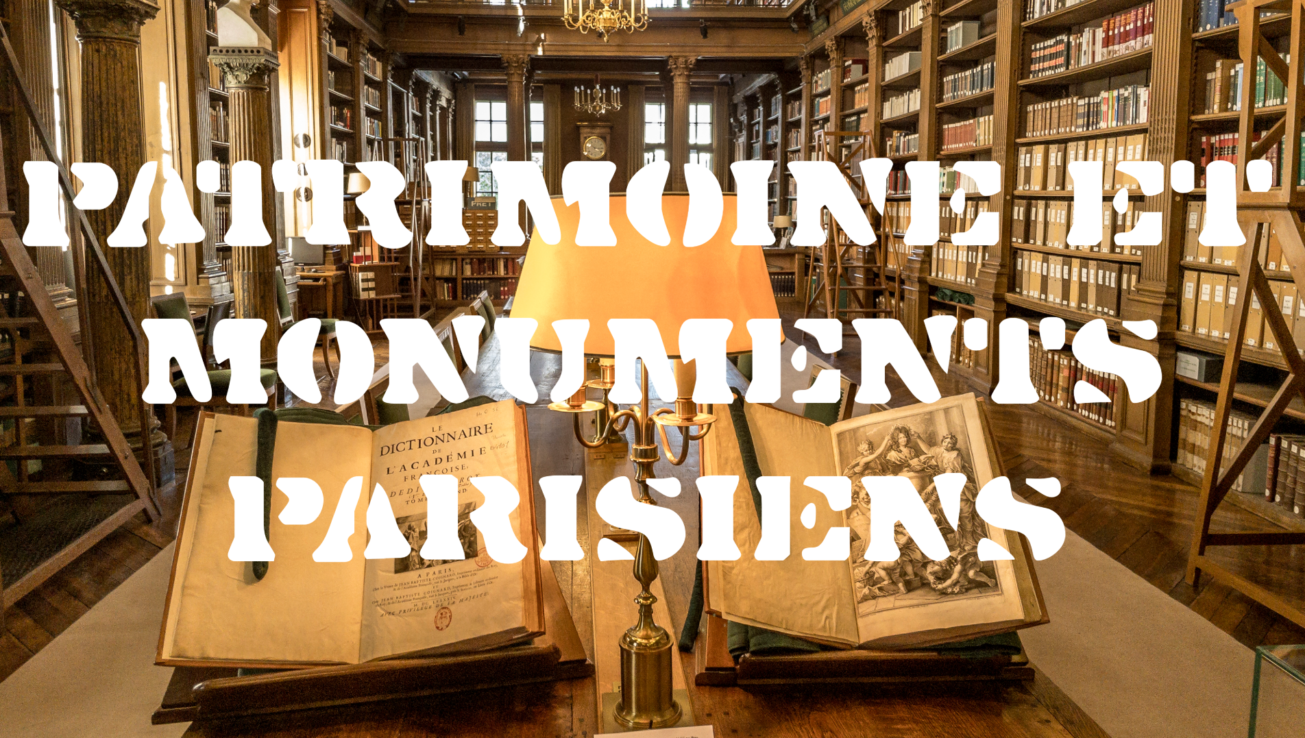 Bannière de la collection Patrimoine et Monuments Parisiens : vue sur la bibliothèque de l'Institut de France avec le Dictionnaire de l'Académie Française par Théo Castillon.
