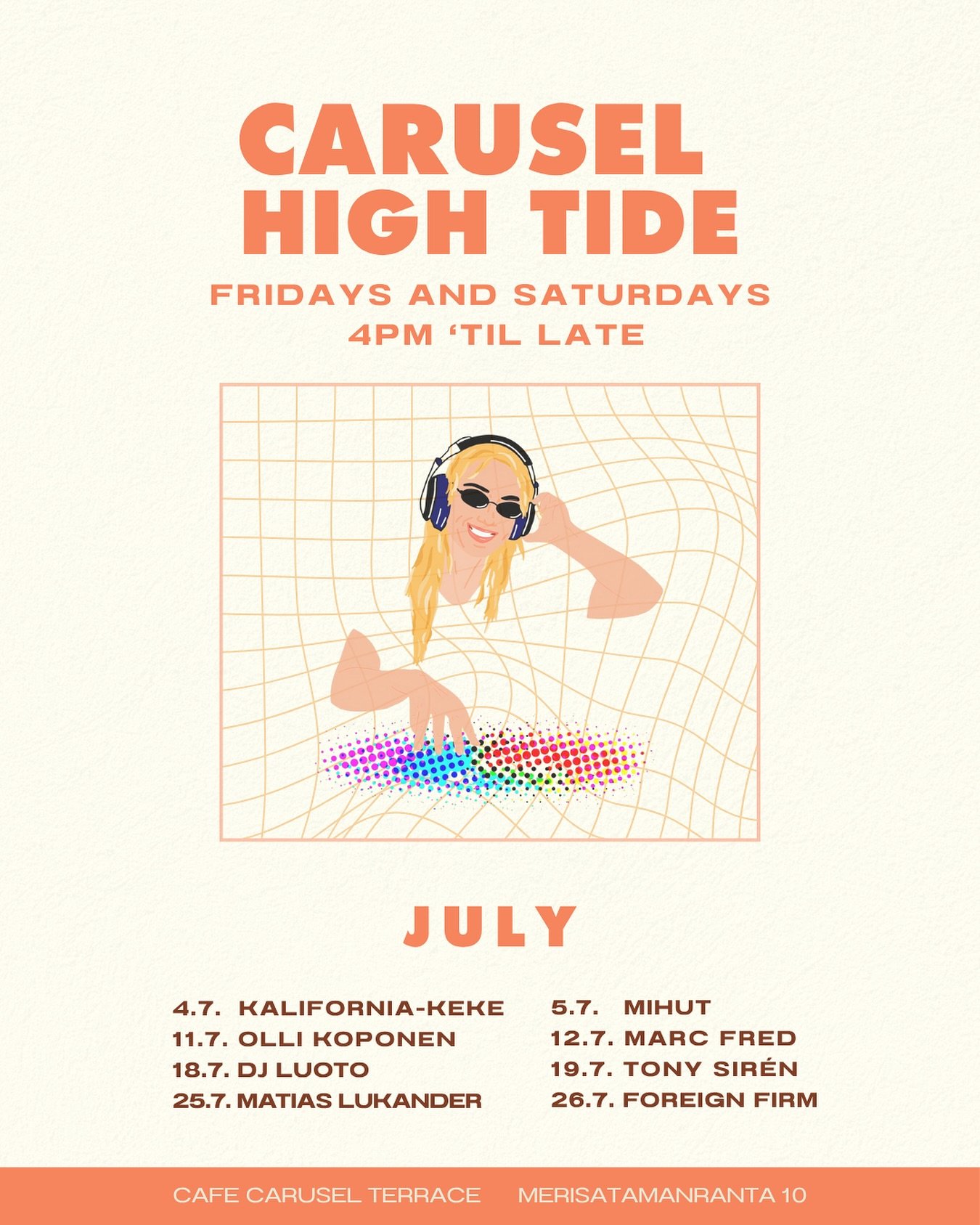 〰️ Carusel High Tide 〰️
Kes&auml;n parhaat illat syntyv&auml;t Caruselissa!

Perjantai- ja lauantai-iltaisin vaihtuvien DJ:iden selektio kulkee pehme&auml;st&auml; downtemposta iltamy&ouml;h&auml;n grooveihin. Tule nauttimaan avaran meriterassin tunn