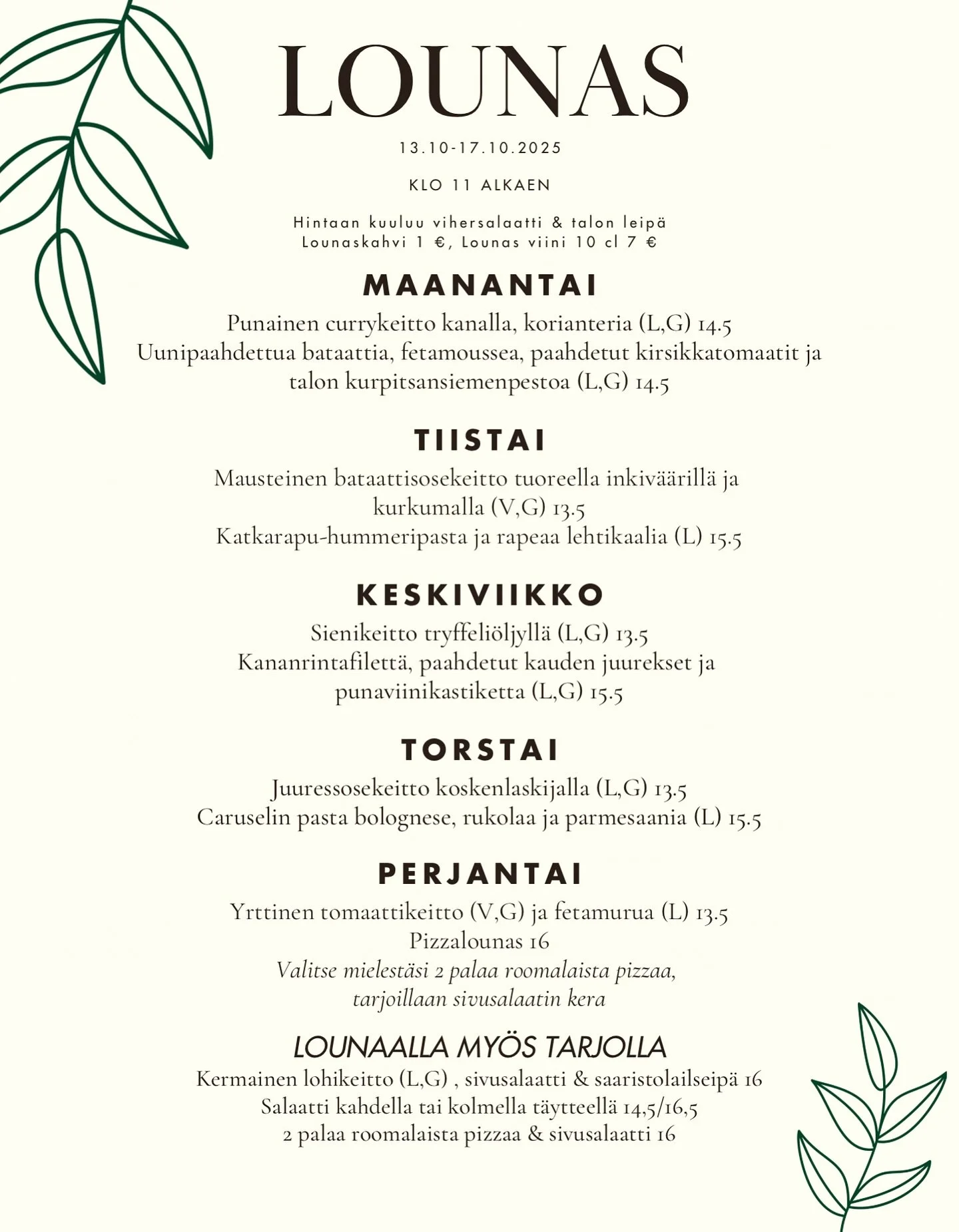 Viikon lounaslista 13.10-17.10🍂🤎