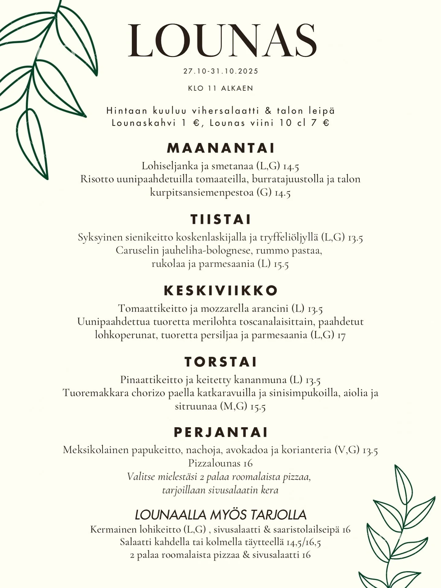 Lokakuun viimeisen viikon lounaslista- l&auml;mmitt&auml;vi&auml; ja syksyisi&auml; makuja🍂🤎