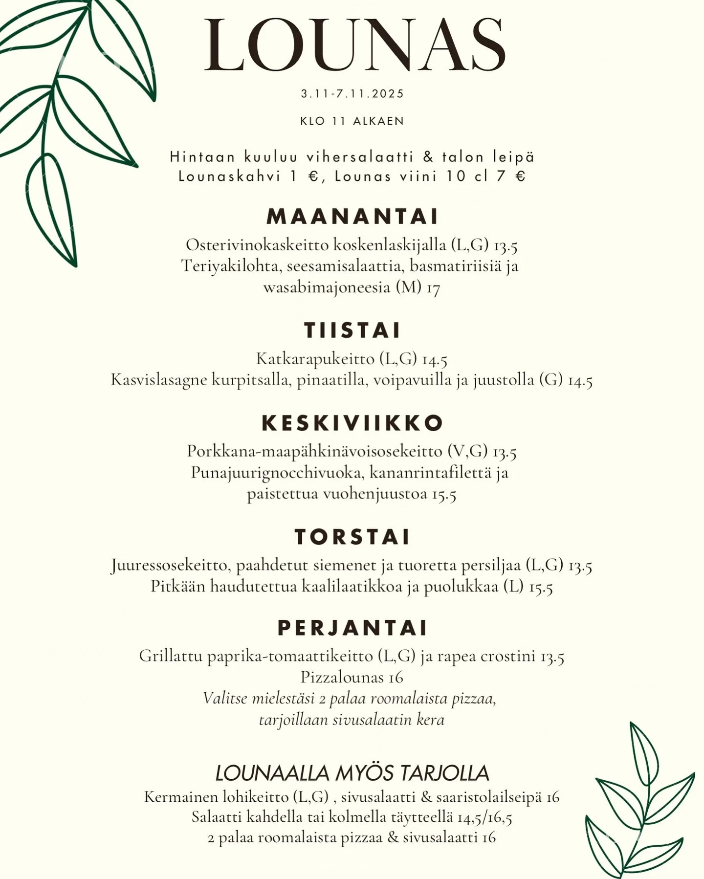 Uusi viikko, uudet herkut😋
T&auml;ss&auml; meid&auml;n lounaslista t&auml;lle viikolle- tuttuun tapaan paljon makua, hyv&auml;&auml; fiilist&auml; ja v&auml;h&auml;n jotain uutta kokeiltavaa.

Tervetuloa lounaalle!✨