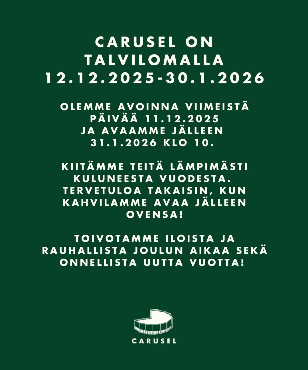 Olemme t&auml;n&auml;&auml;n viimeist&auml; p&auml;iv&auml;&auml; auki, j&auml;&auml;mme t&auml;m&auml;n p&auml;iv&auml;n j&auml;lkeen talvilomalle☃️ Kiitos kaikille kuluneesta vuodesta, n&auml;hd&auml;&auml;n j&auml;lleen ensi vuonna! 💛