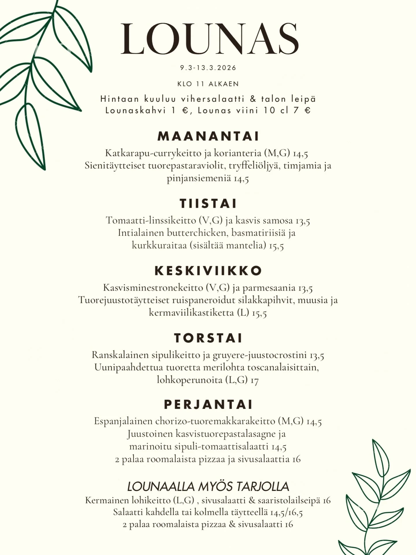 P&auml;ivitetty lounaslista 10.3-13.3🌷