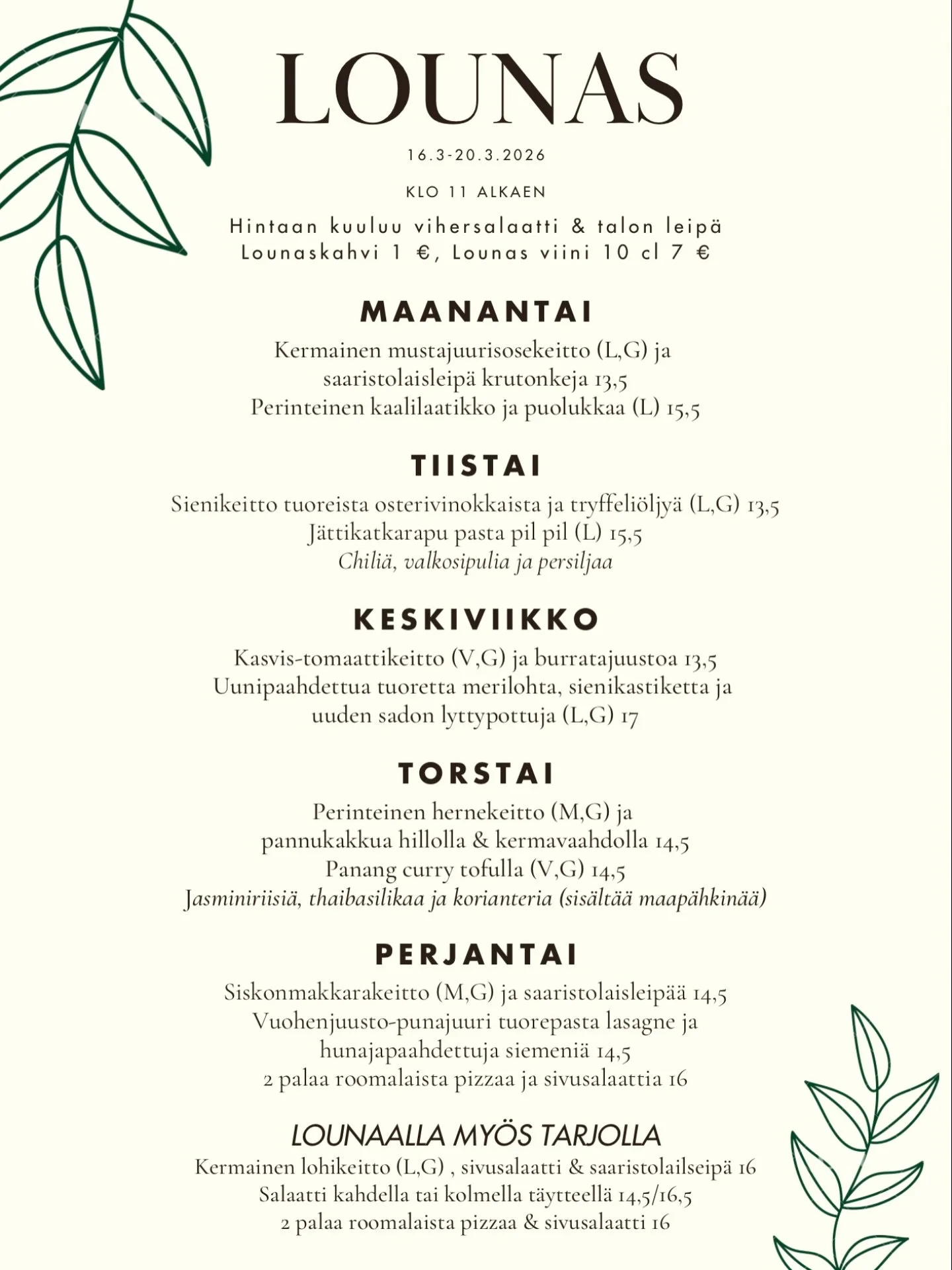 Viikon 16.3-20.3 lounaslista🌷💕