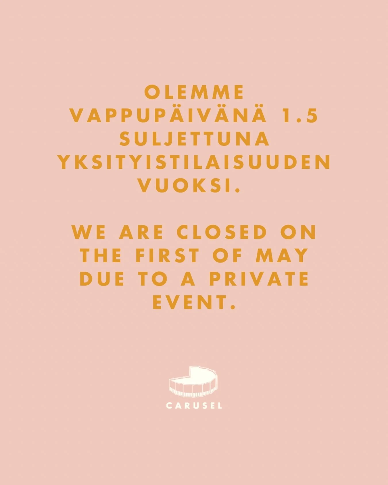 Olemme vappup&auml;iv&auml;n&auml; suljettuna yksityistilaisuuden vuoksi. Olemme normaalisti auki vappuaattona klo 20 saakka ja 2.5 klo 10-21!