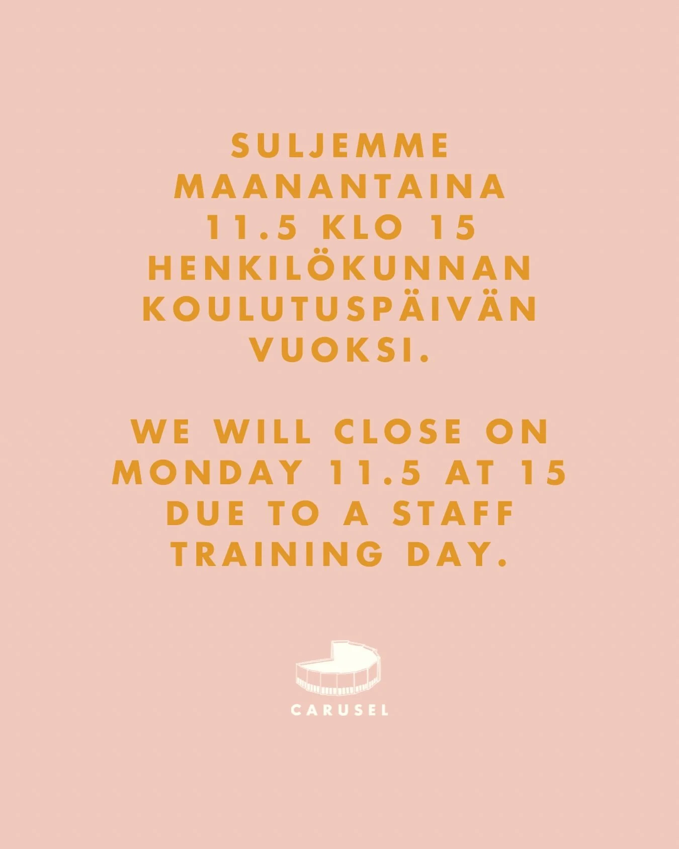 Suljemme maanantaina klo 15 henkil&ouml;kunnan virkistys- ja koulutusp&auml;iv&auml;n vuoksi! Kiitos ymm&auml;rryksest&auml;💚