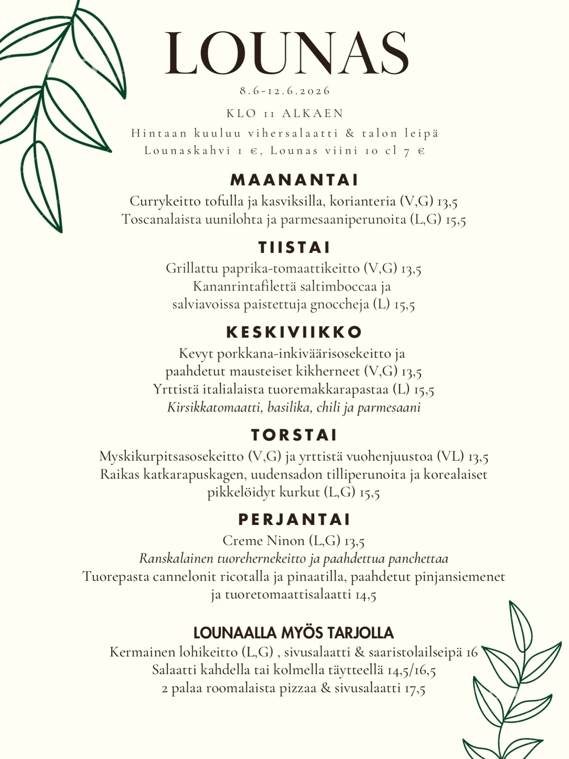 Viikon lounaslista 8.6-12.6🌸