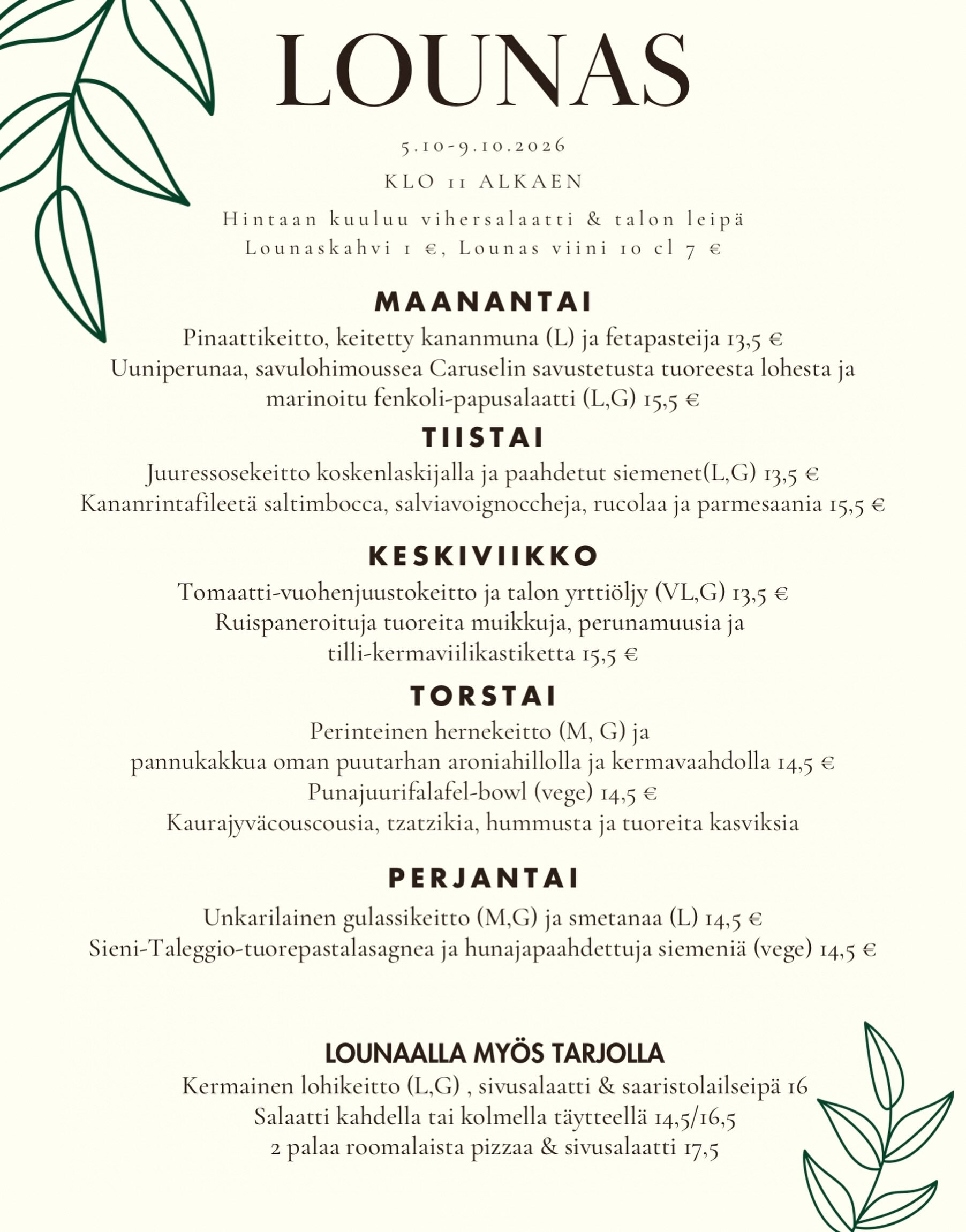 Viikon lounaslista🍁🍂🤎
Kauden makuja, tuttuja suosikkeja ja uusia herkkuja🙏🏻