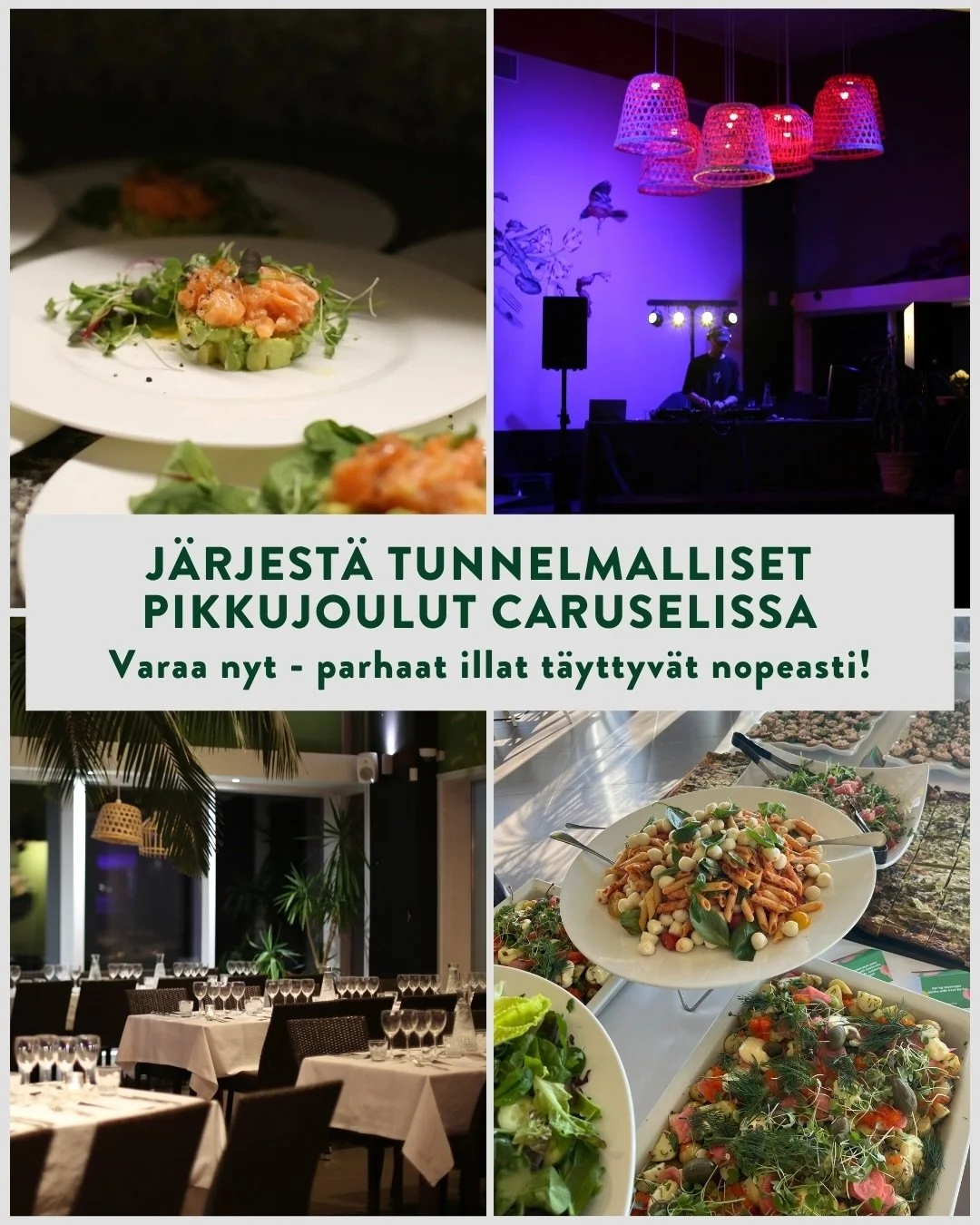 Pikkujoulukausi on jo ihan nurkan takana, ja meill&auml; on viel&auml; muutamia vapaita p&auml;ivi&auml; loppuvuoden juhliin! ✨

Pimenev&auml;t illat ja syysmyrskyt tuovat mukanaan ihanaa tunnelmaa, jonka l&auml;mpim&auml;t ja tunnelmallisesti somist