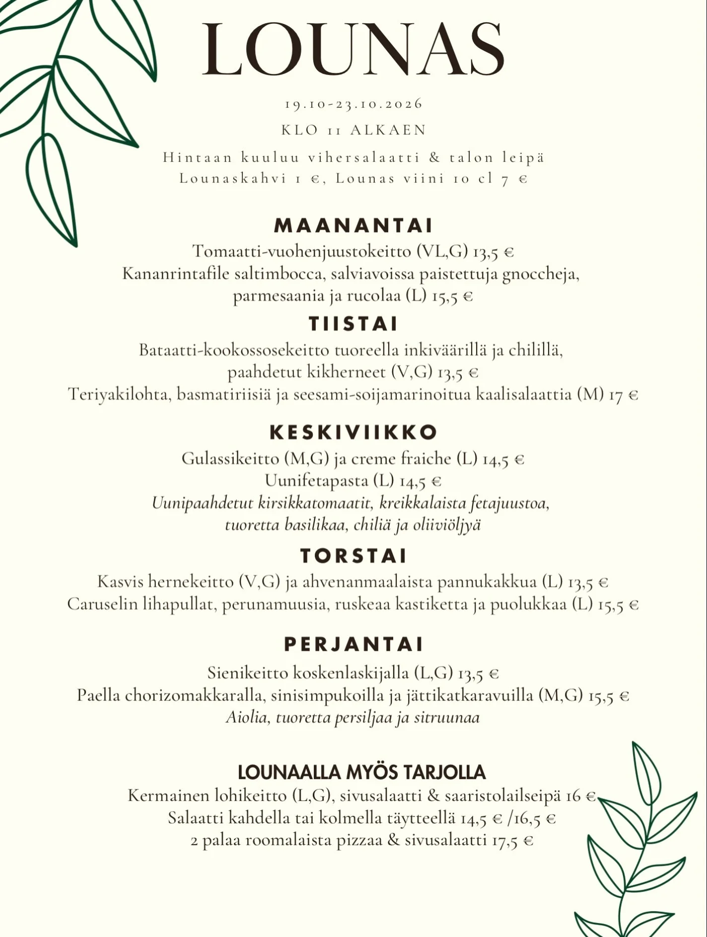 Viikon lounaslista 19-23.10✨