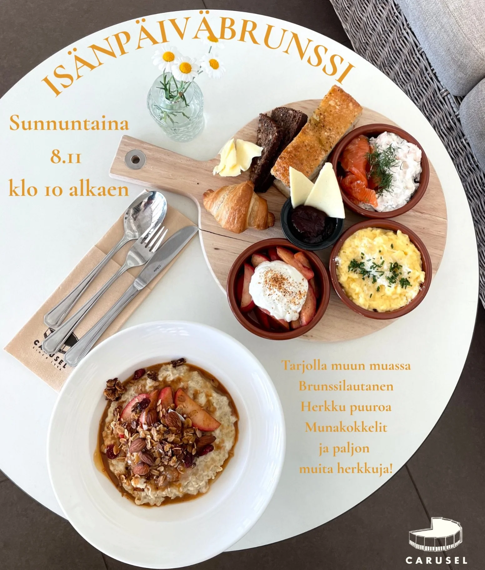 💙 IS&Auml;NP&Auml;IV&Auml; CARUSELISSA 8.11💙

Nopatkaa is&auml;t, is&auml;hahmot, isois&auml;t, perheenj&auml;senet ja yst&auml;v&auml;t mukaan viett&auml;m&auml;&auml;n rentoa ja herkullista is&auml;np&auml;iv&auml;&auml; meid&auml;n kanssa! 🫶🏻✨