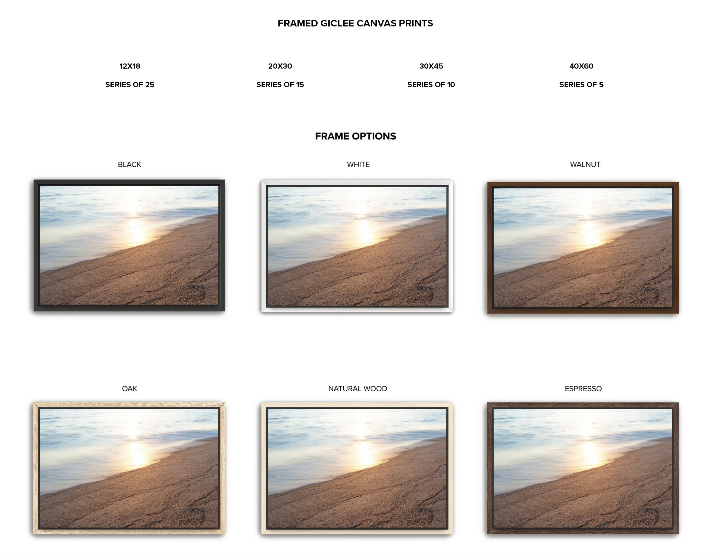 Sample display of framed canvas prints depicting a beach scene with sunset and ocean waves, available in various sizes, frame options, and finishes.