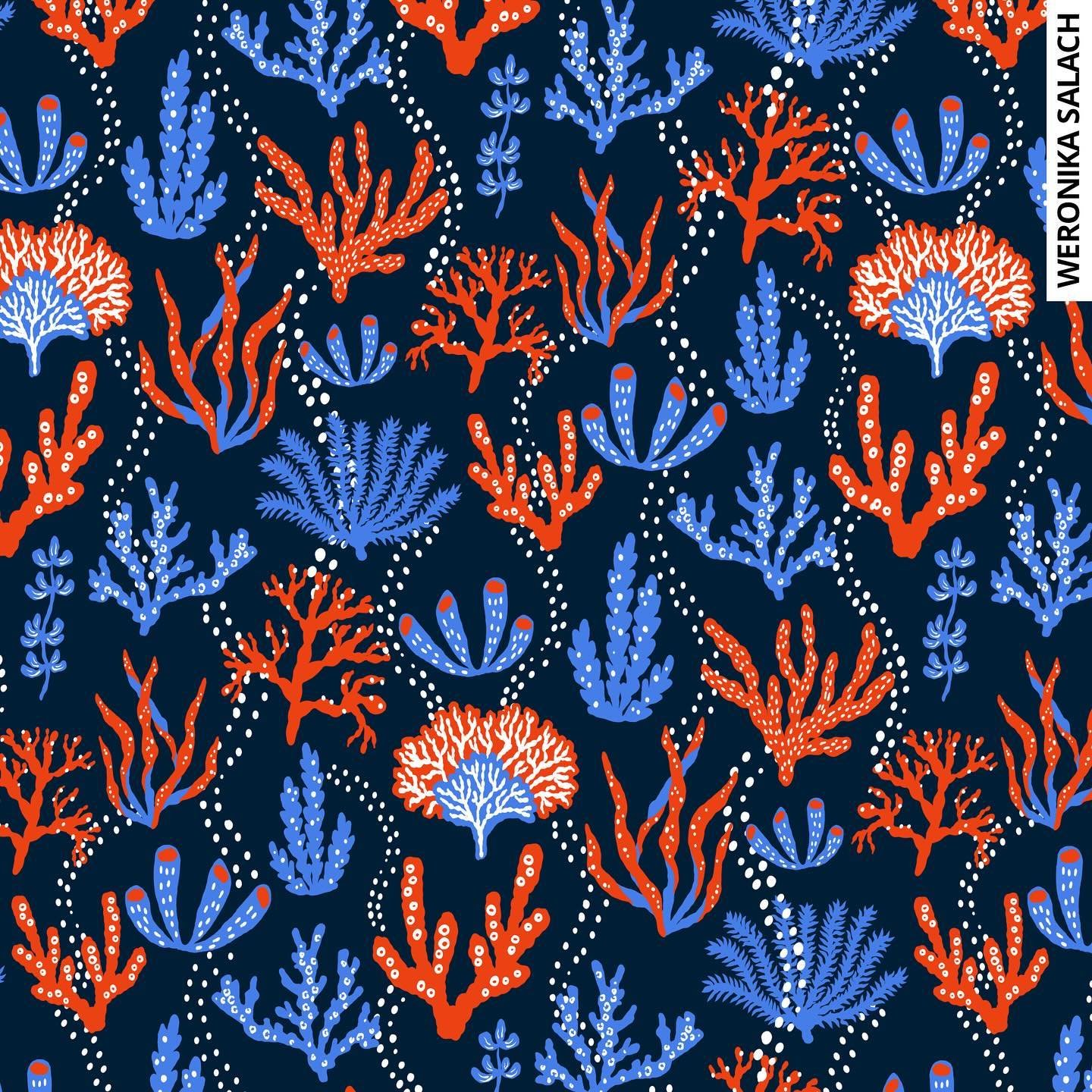 Dark summer vibes in Germany today 🪸 Stay tuned on Patreon!

A graphic coral reef seamless repeating pattern - I had it in mind for a kimono design 🤩 Missing the seaside and the beach.

Open for new pattern collaborations:
💌 hello@weronikasalach.c