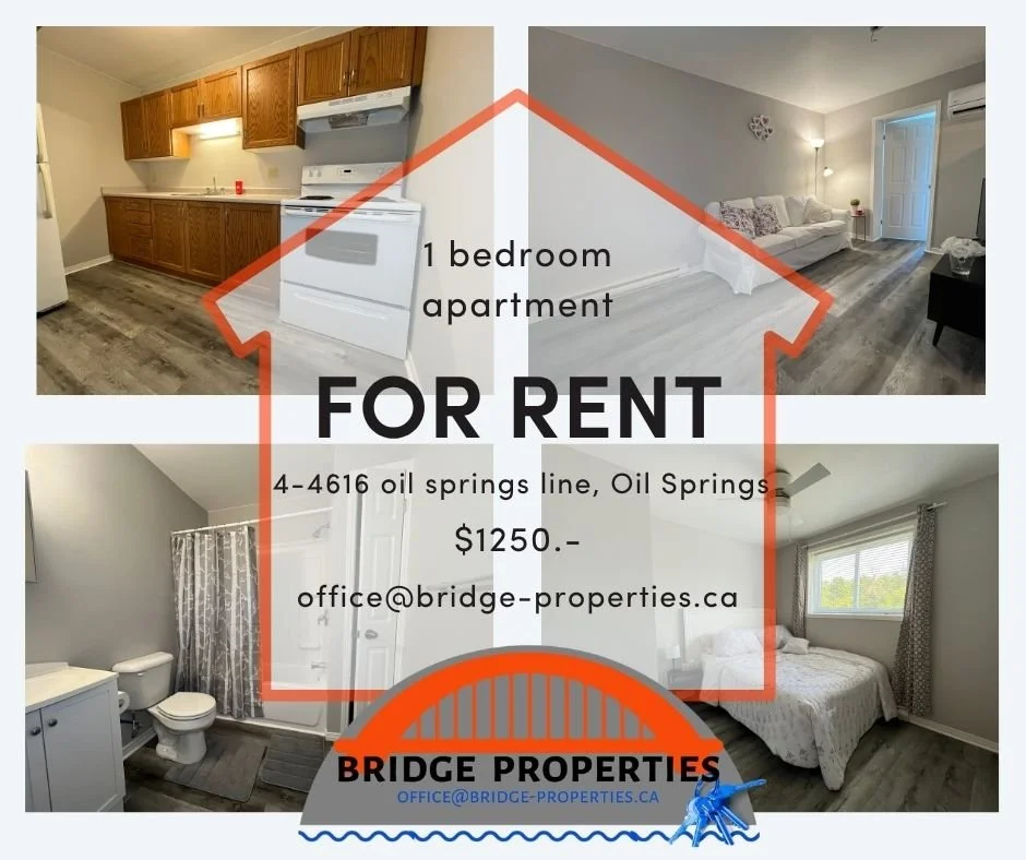 A collage showing the interior of a one-bedroom apartment for rent, with kitchen, living room, bathroom, and bedroom photos. The ad includes rental details and contact information for Bridge Properties.