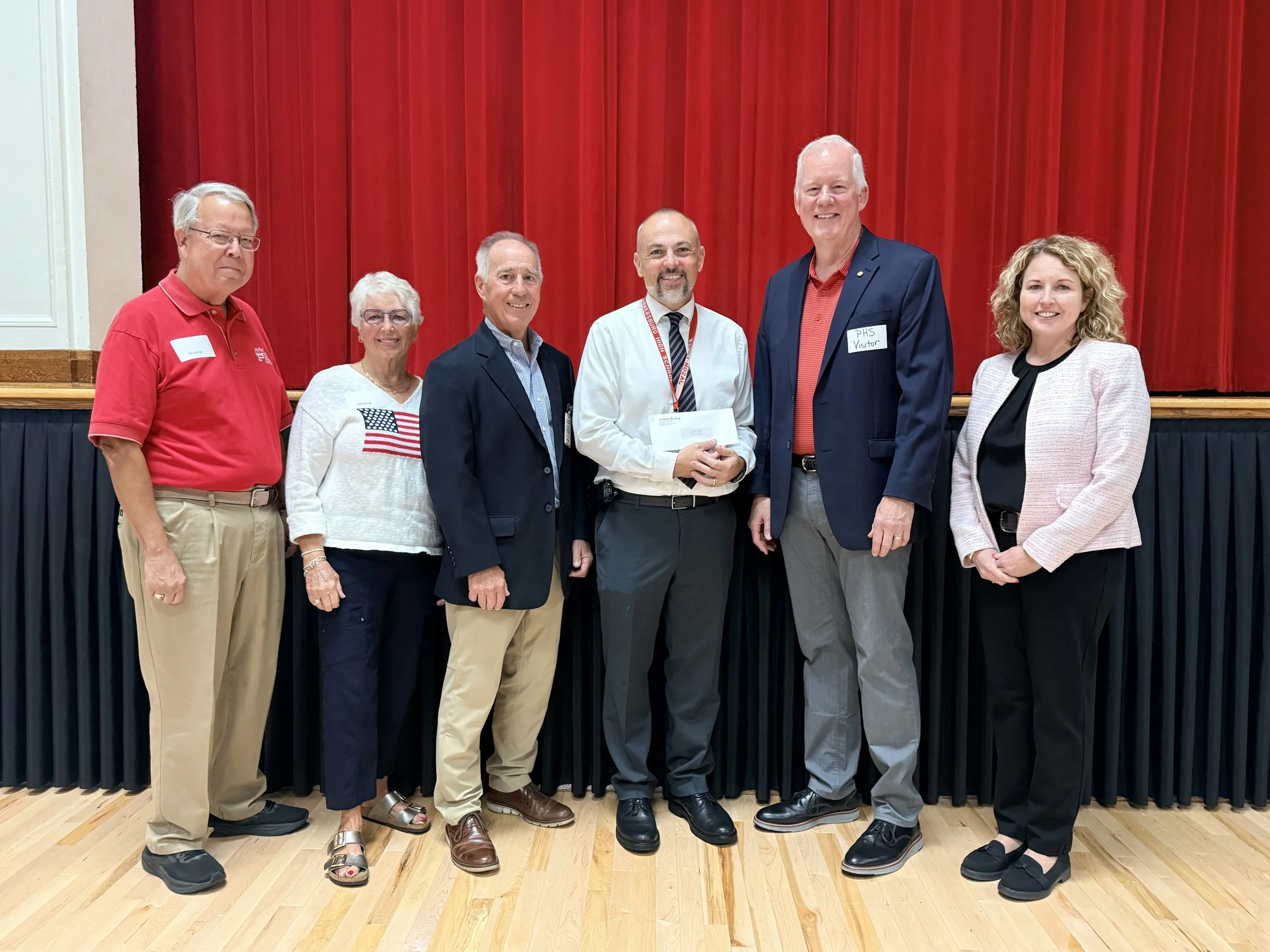 Photo: (L-R):   Foundation Board Members Larry Johnson and Candace Jones, Foundation Board President Fred Earley, Principal PHS Jason Potts, Delegate Bob Fehrenbacher, Superintendent Christie Willis