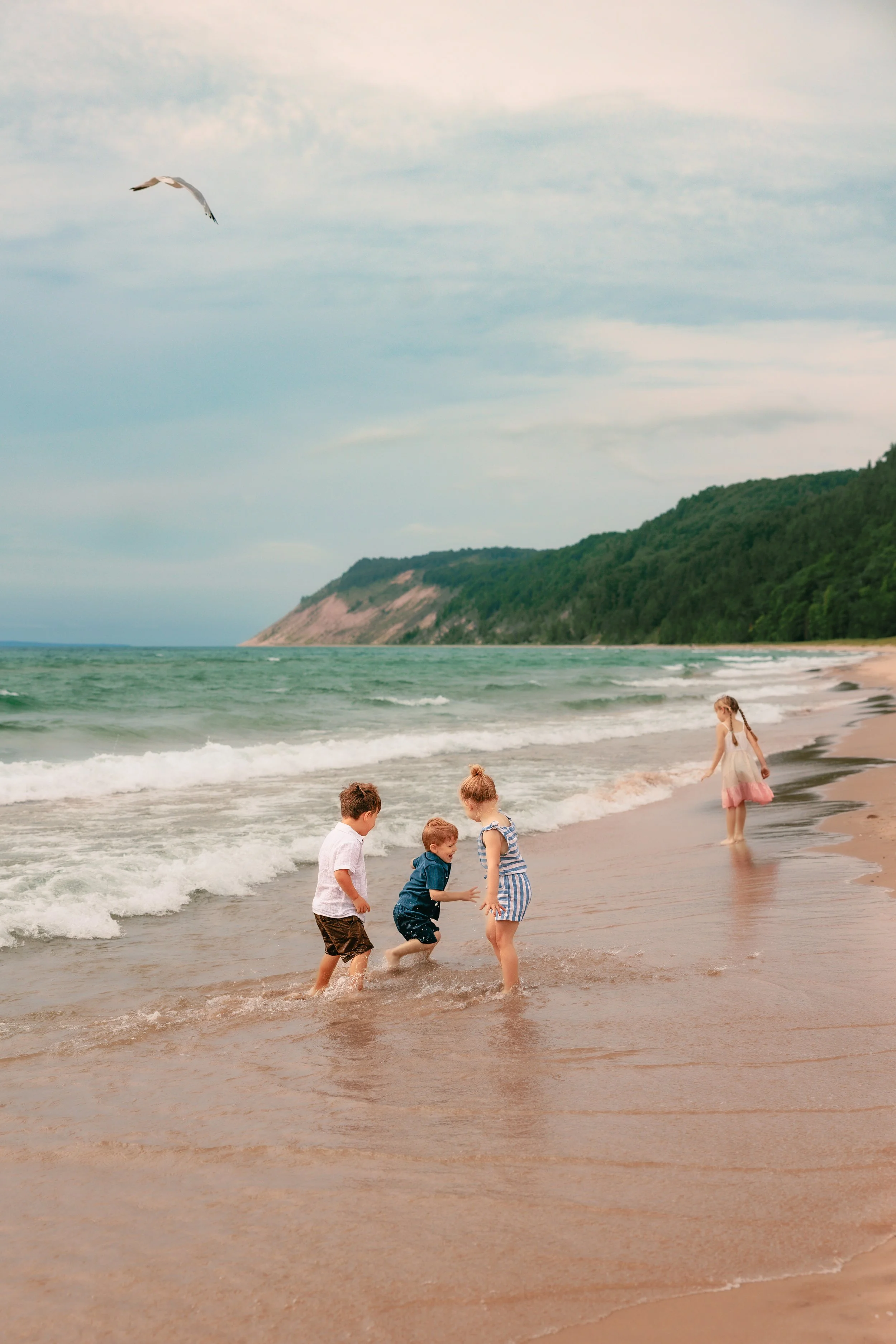 Four children playing in shallow water on a beach, with one girl walking in the background, a bird flying overhead, and a hillside covered with trees in the distance.