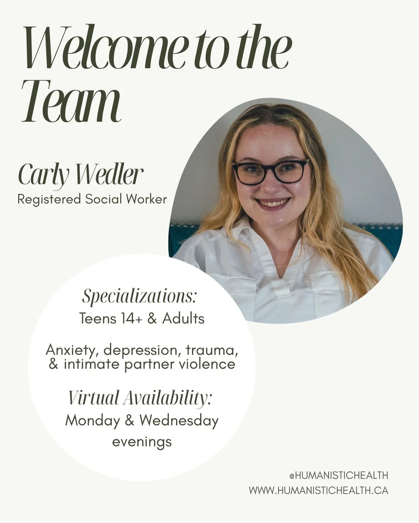 We&rsquo;re so excited to announce that we are welcoming a new therapist to the team! ✨🛋️ 
 
Meet Carly, our Registered Social Worker who is dedicated to helping you reclaim the life that has always been yours. Her work is grounded in compassion, pr