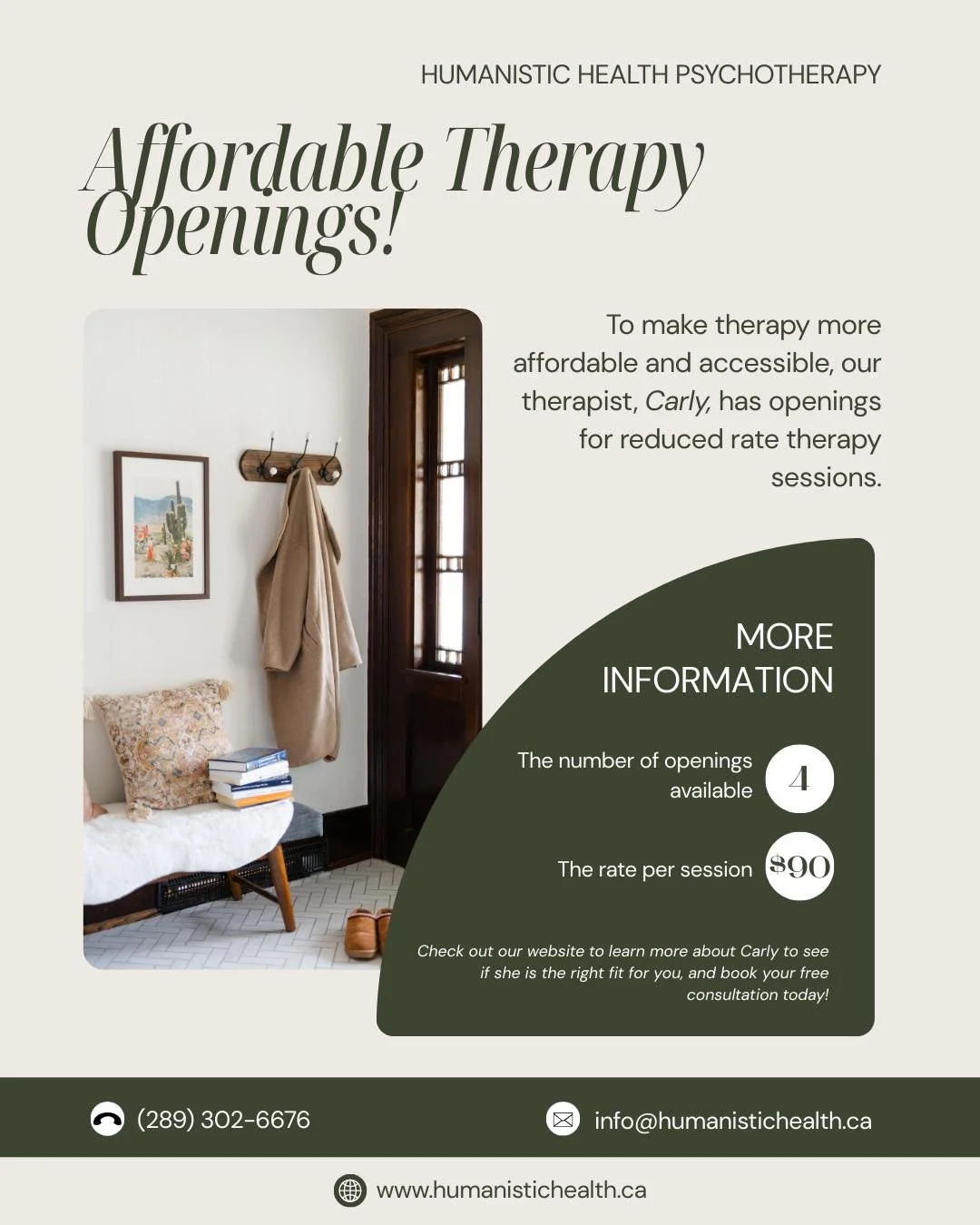 We know that financial stress can make starting therapy feel out of reach. To help make support more accessible to our community, Carly has opened up 4 reduced-fee therapy slots at $90 per session!

If this feels like the right time, you&rsquo;re wel