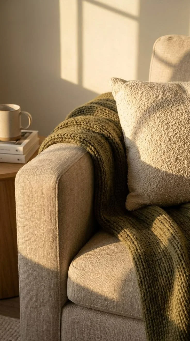 Close-up of a beige sofa with a knitted green blanket and a fluffy cream pillow, sunlight casting shadows on the wall.
