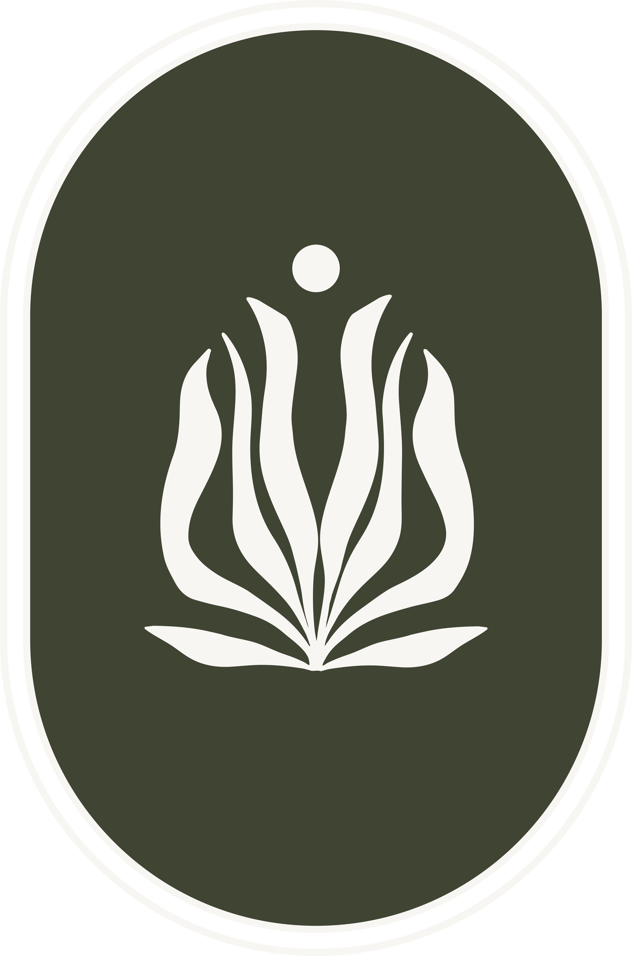 A stylized white lotus flower with a small circle above it on a dark green background, framed by a black oval with white borders.