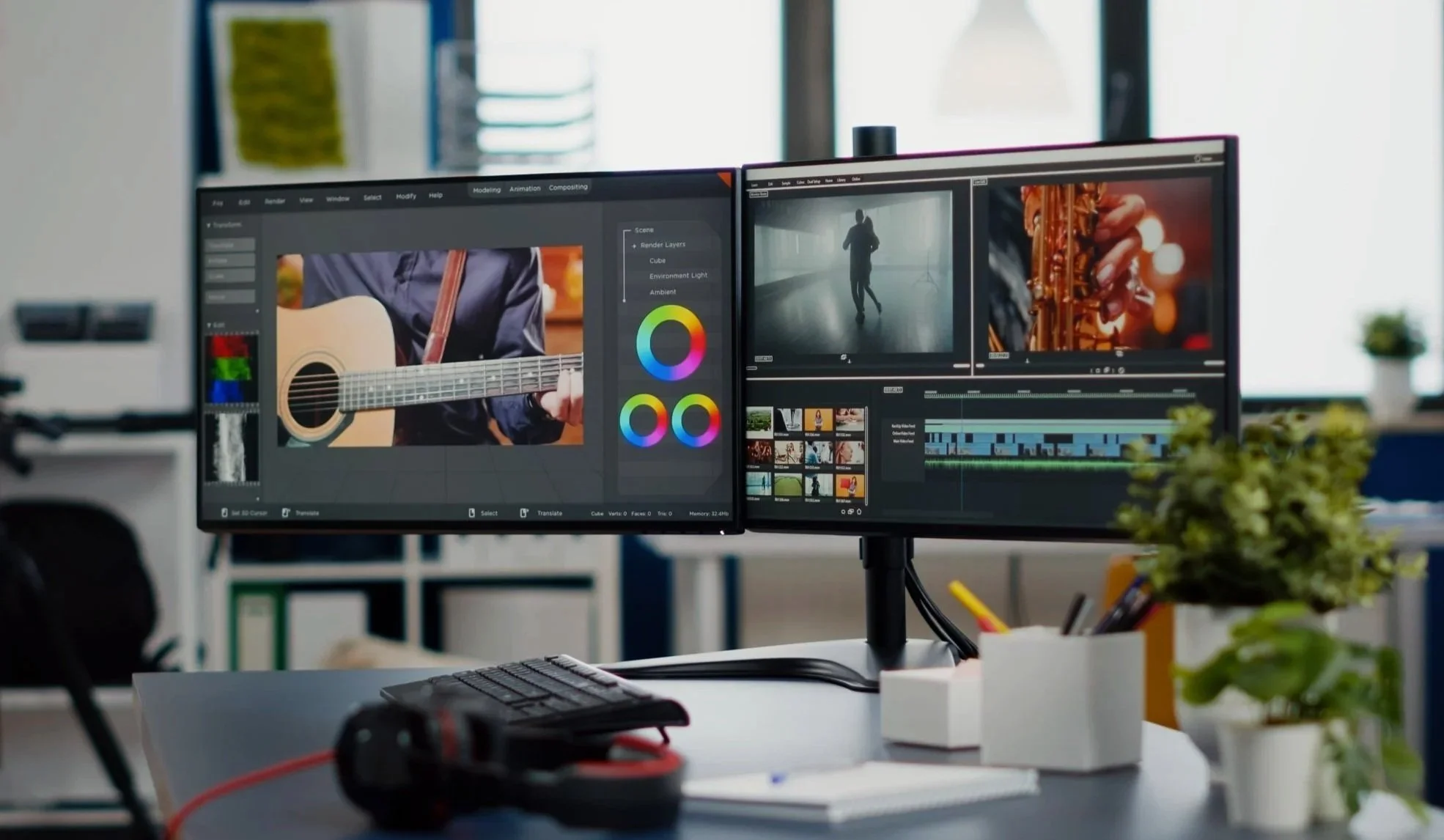 A workspace with dual computer monitors displaying video editing software, a keyboard, a wired mouse, a notebook, a yellow pen, a white container with pencils and pens, a small potted plant, and blurred background of an office with large windows and other equipment.