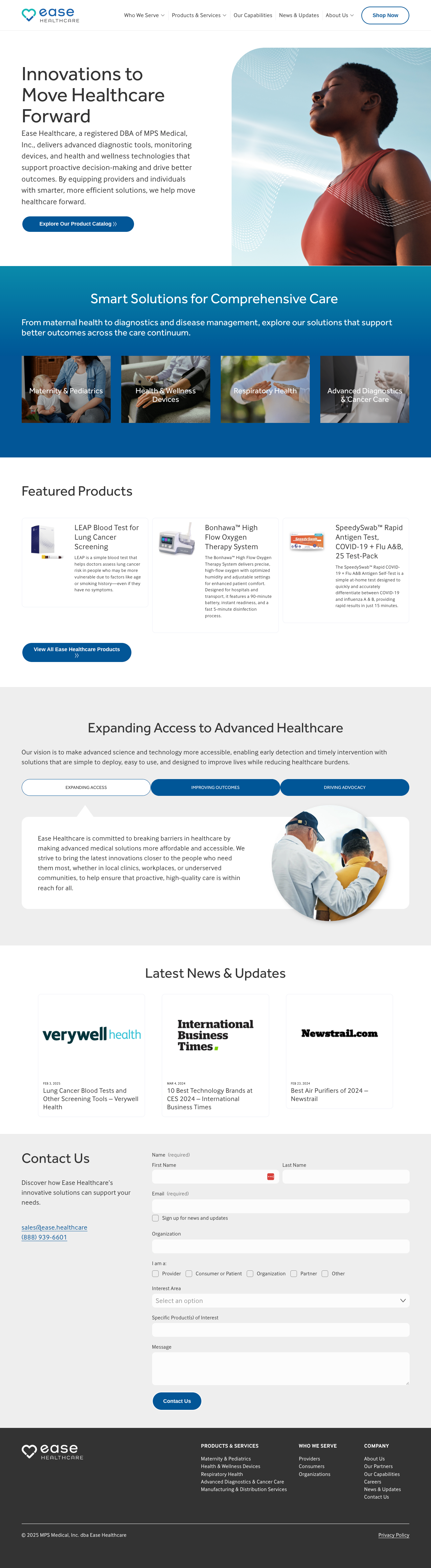 Homepage of Ease Healthcare website.