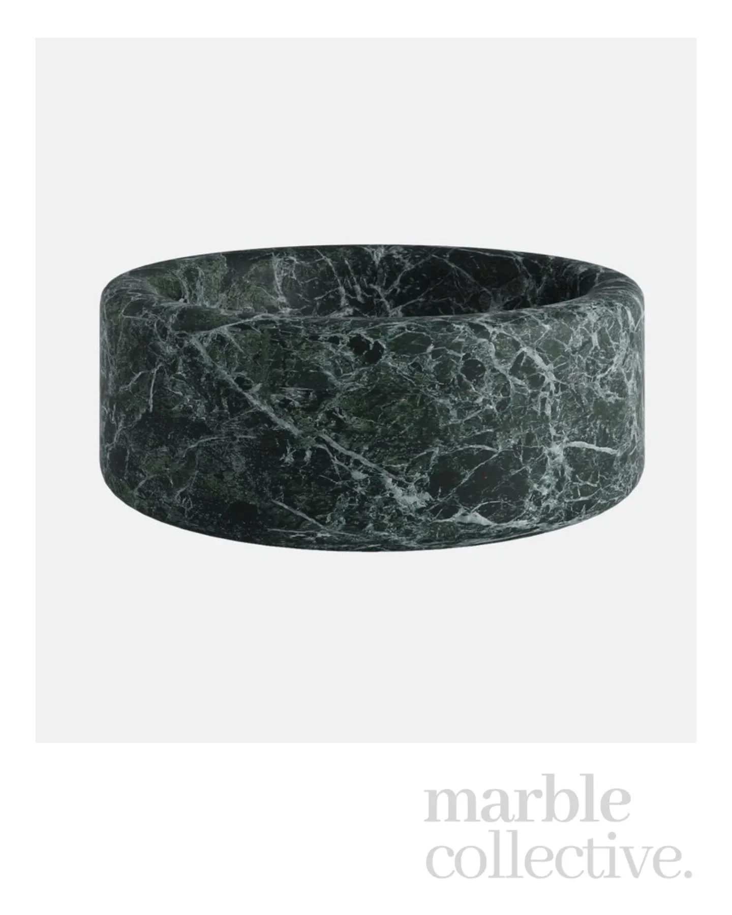 The Caspian Circular Basin brings sculptural presence to the bathroom.

Handcarved in Verde Alpi marble, its deep green tones and striking white veining make each piece entirely unique.

Shown here both as a standalone form and styled in a client&rsq