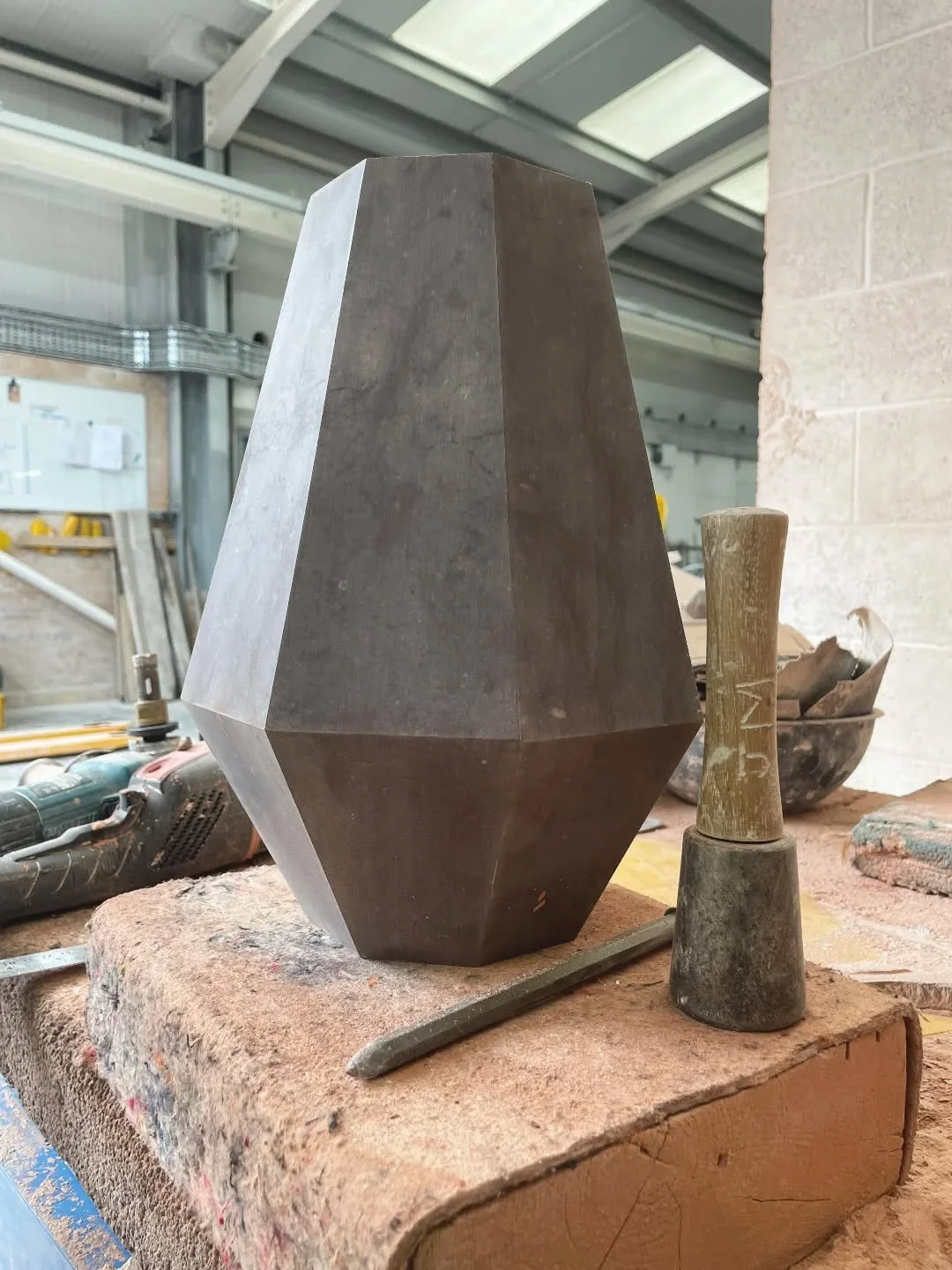 In the workshop, shaping something for The Stone Tapestry.

This piece will be part of the installation at @surfacedesignshow, created in collaboration with @stonefederation. It looks at stone from the inside out, where geology, process and making si