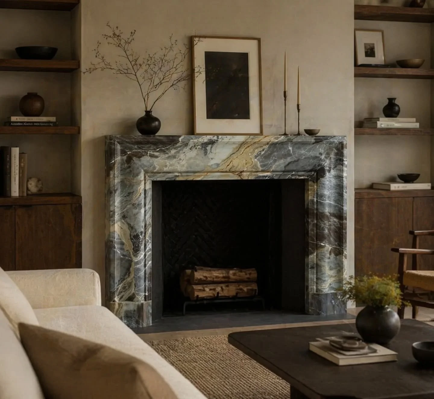 Is exactly why you choose marble 

It&rsquo;s easy to default to something safe around a fireplace like this but the reality is most spaces fall flat because the material isn&rsquo;t doing enough.

However.....the Lucca in Moonstone.. isn&rsquo;t try