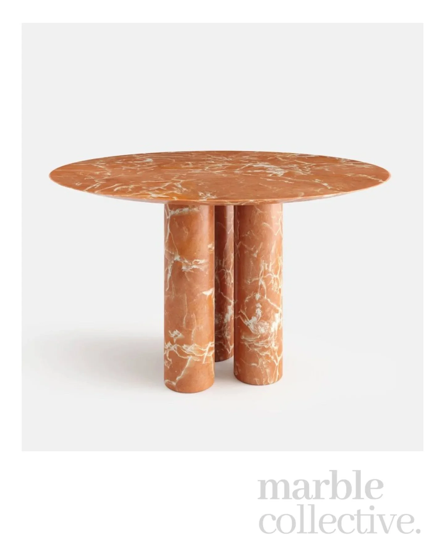 A lot of dining tables are designed around the chairs.

The Attica was designed around the stone.
Three solid cylindrical legs. A generous circular top. Rosso Alicante marble doing what it does best and bringing movement, warmth and character to ever