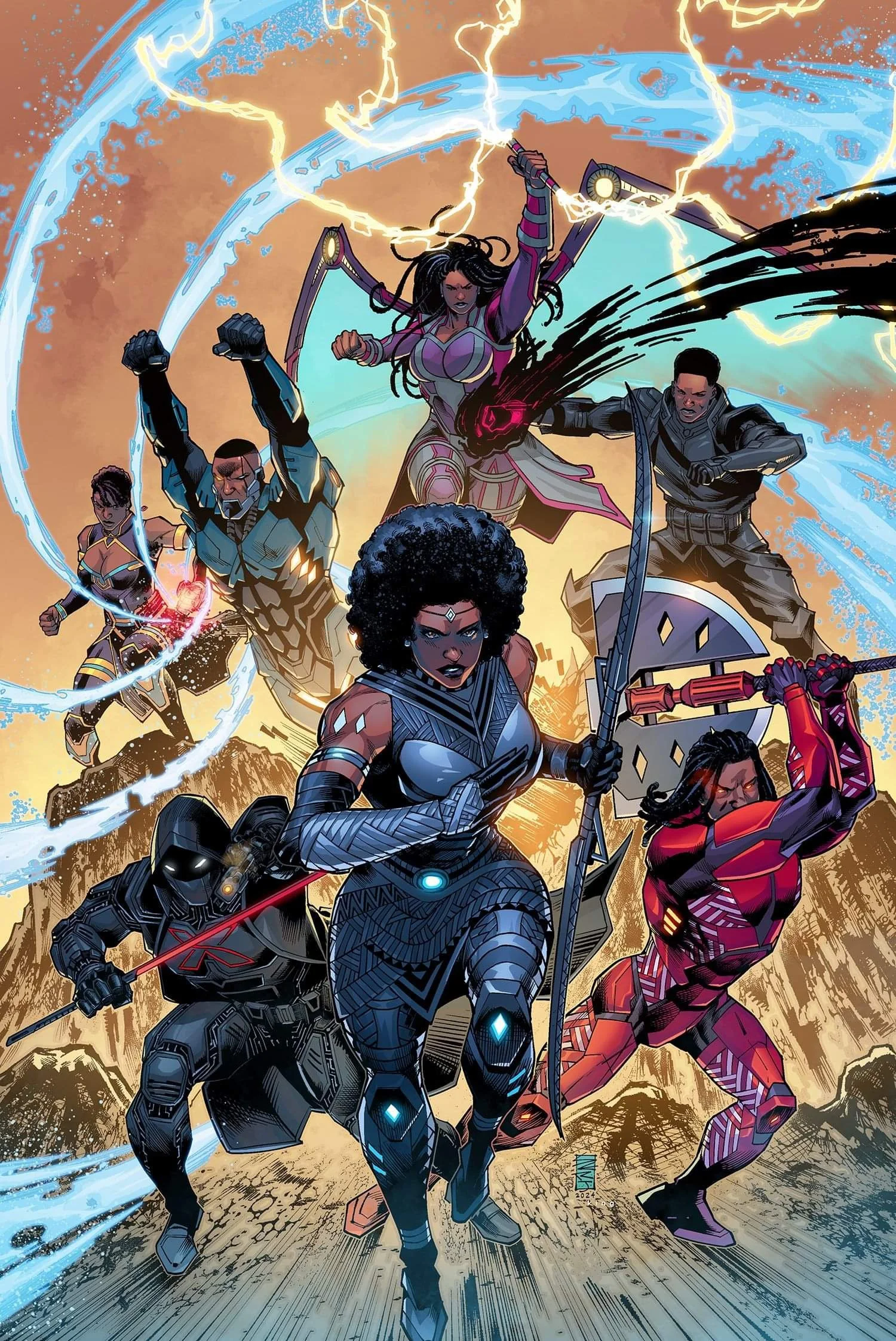 Comic book illustration featuring a group of Black superheroes in dynamic, action-packed poses. They are wearing futuristic armor and wielding weapons, surrounded by energy effects, set against a dramatic, glowing background.