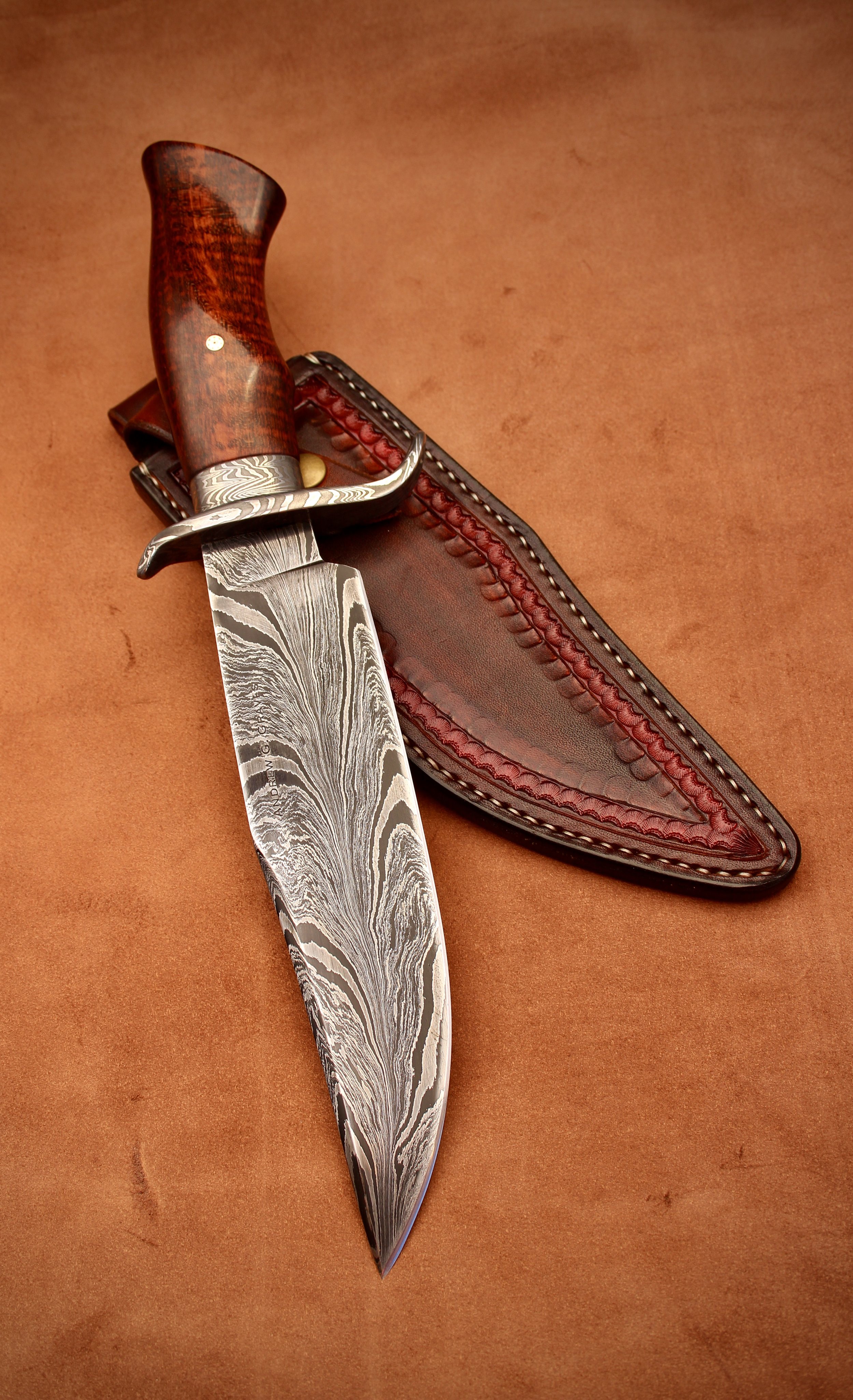 mosaic Damascus knife blade (forged mosaic Damascus steel). Bowie