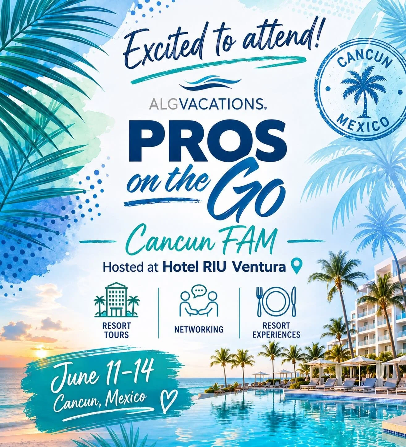 Cancun, here I come! ✈️ 🇲🇽 

Today, I&rsquo;m headed to Cancun to attend the ALGV Vacations Pros on the Go FAM at Hotel Riu Ventura!

Over the next few days, I&rsquo;ll be visiting multiple resorts, meeting with industry partners, and learning firs