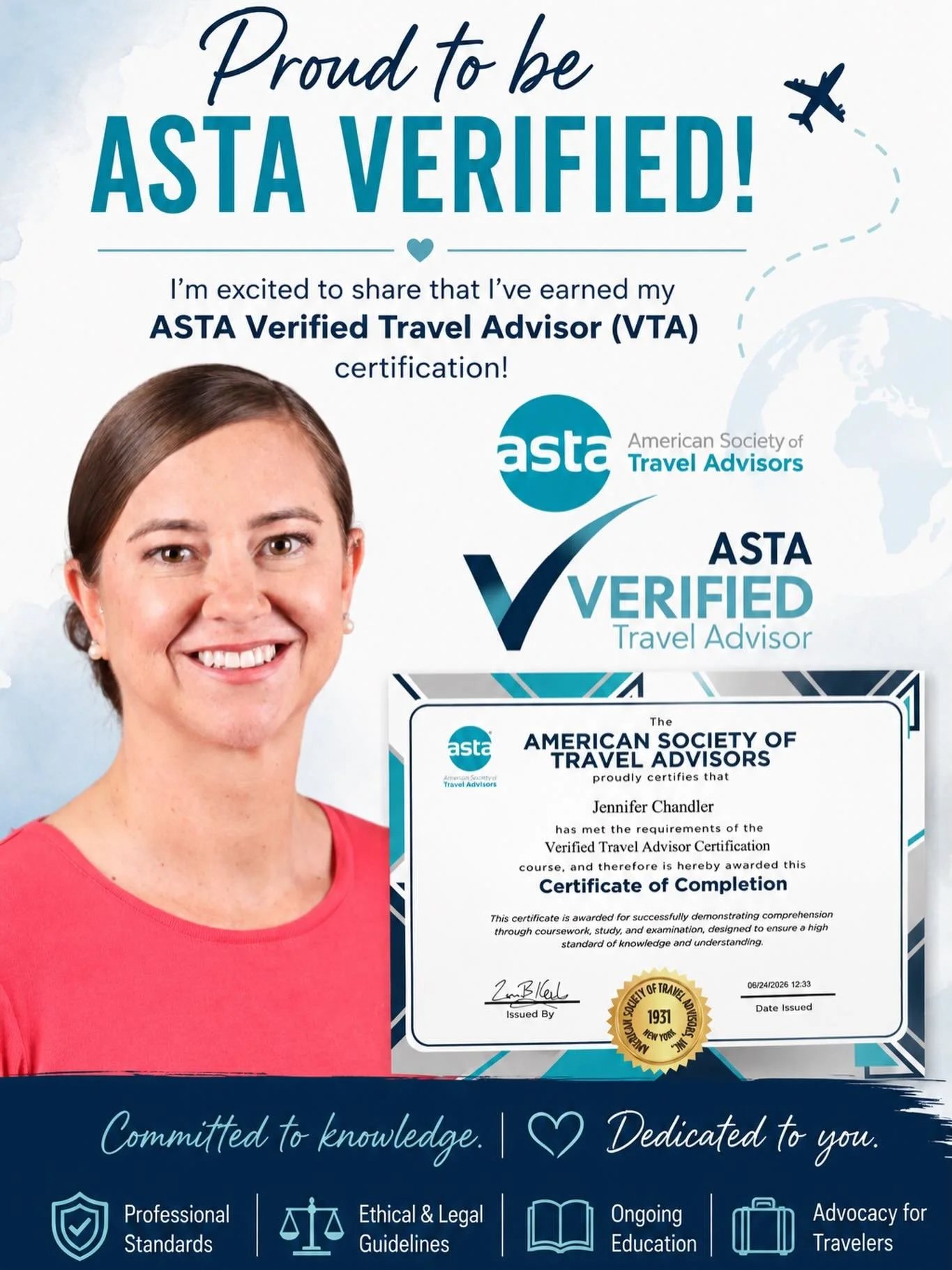I&rsquo;m proud to share that I have officially earned my ASTA Verified Travel Advisor (VTA) certification! 

The ASTA VTA program is designed for travel advisors who are committed to elevating their careers and providing the highest level of profess