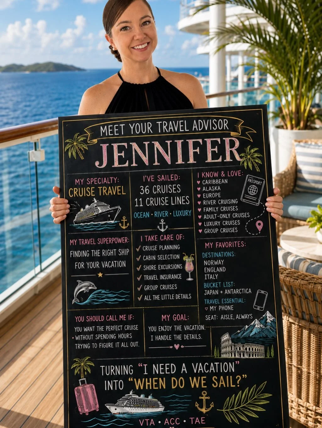 👋 Hi, I&rsquo;m Jennifer, your cruise-obsessed travel advisor! 🚢🌴

I&rsquo;ve sailed 36 cruises across 11 different cruise lines, and apparently I have no plans of slowing down because I currently have 6 more booked! 😂 I truly believe there&rsquo