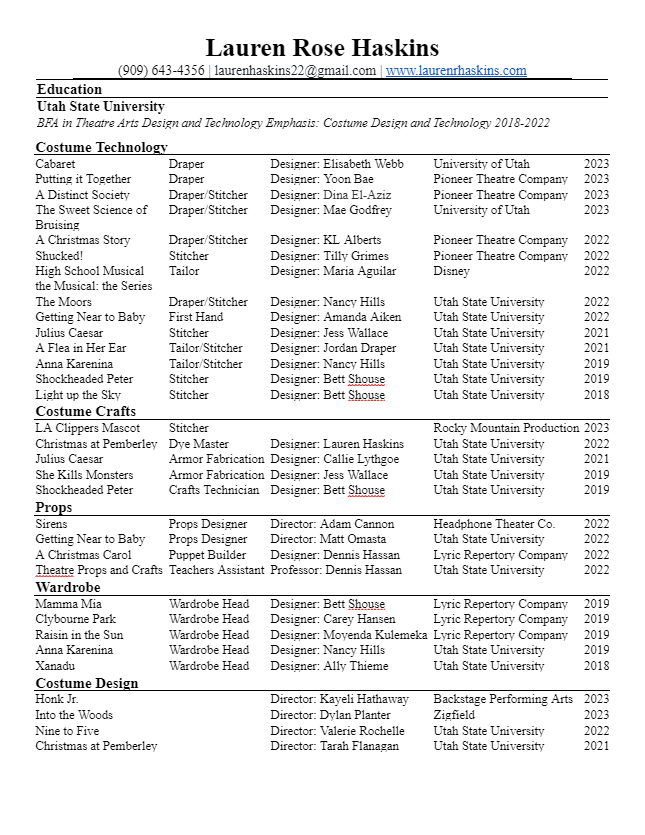 CV — Lauren Haskins Costume Design and Technology