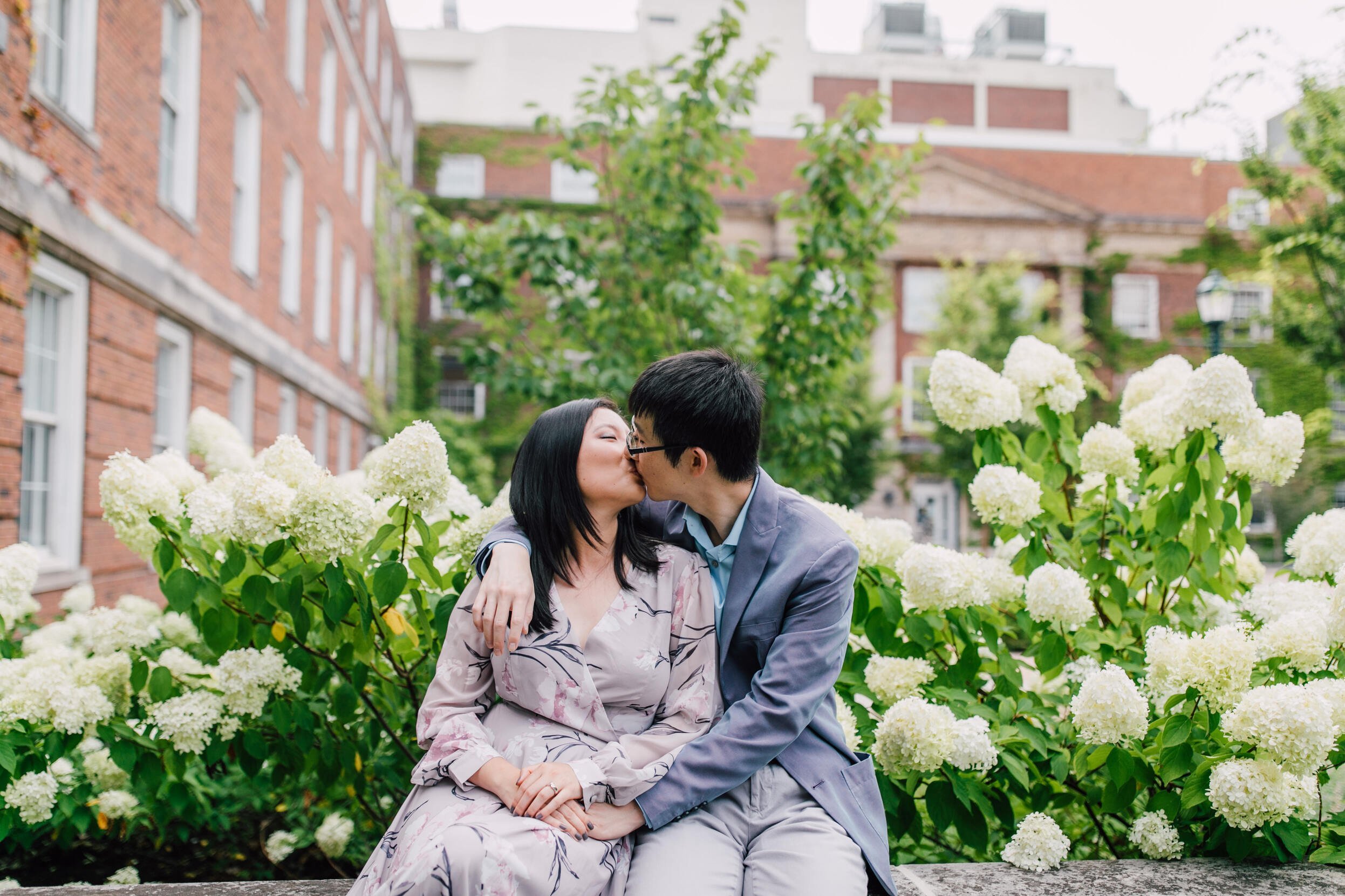  Engaged couple kiss in front of hydrangea bushes, engagement photography 