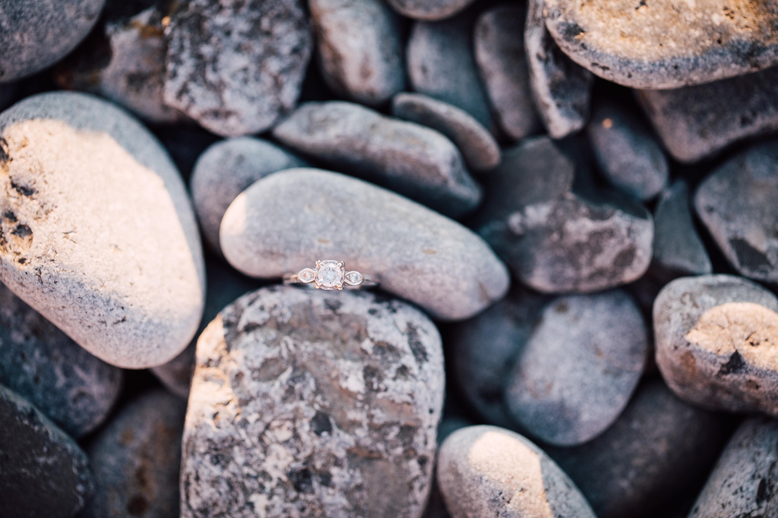  An engagement ring sits tucked between rocks on the shore of Lake Ontario for lake engagement photos 