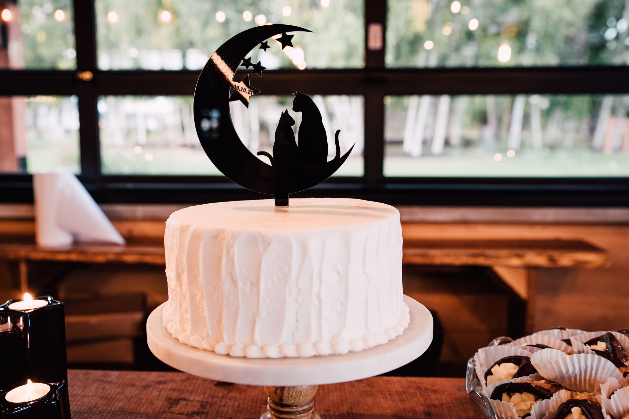  space wedding cake with moon cake topper with an outline of the bride and groom’s cats  