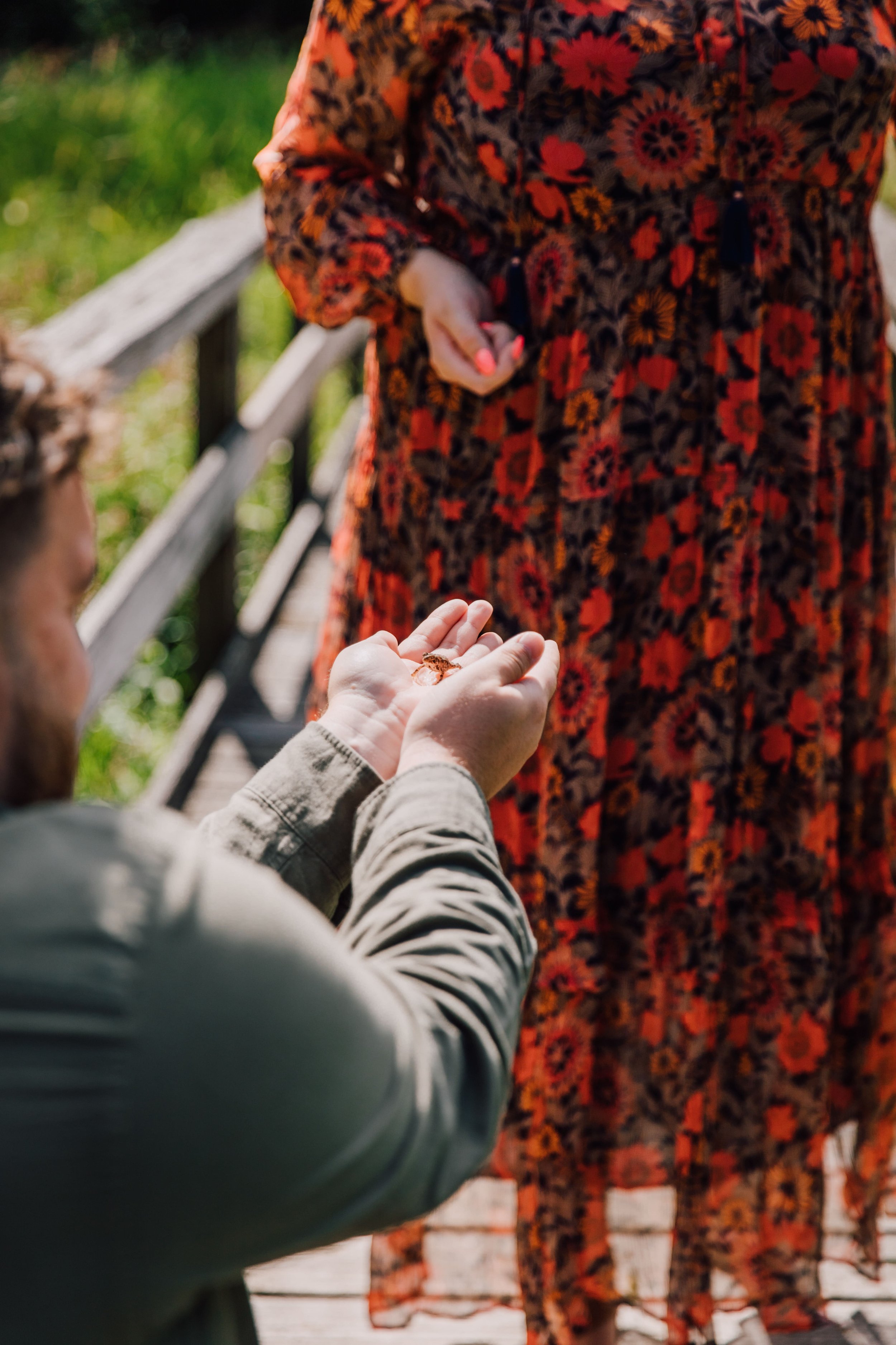  matt re-proposes to his fiancee with a frog that they found during their engagement photography session at rice creek field station 