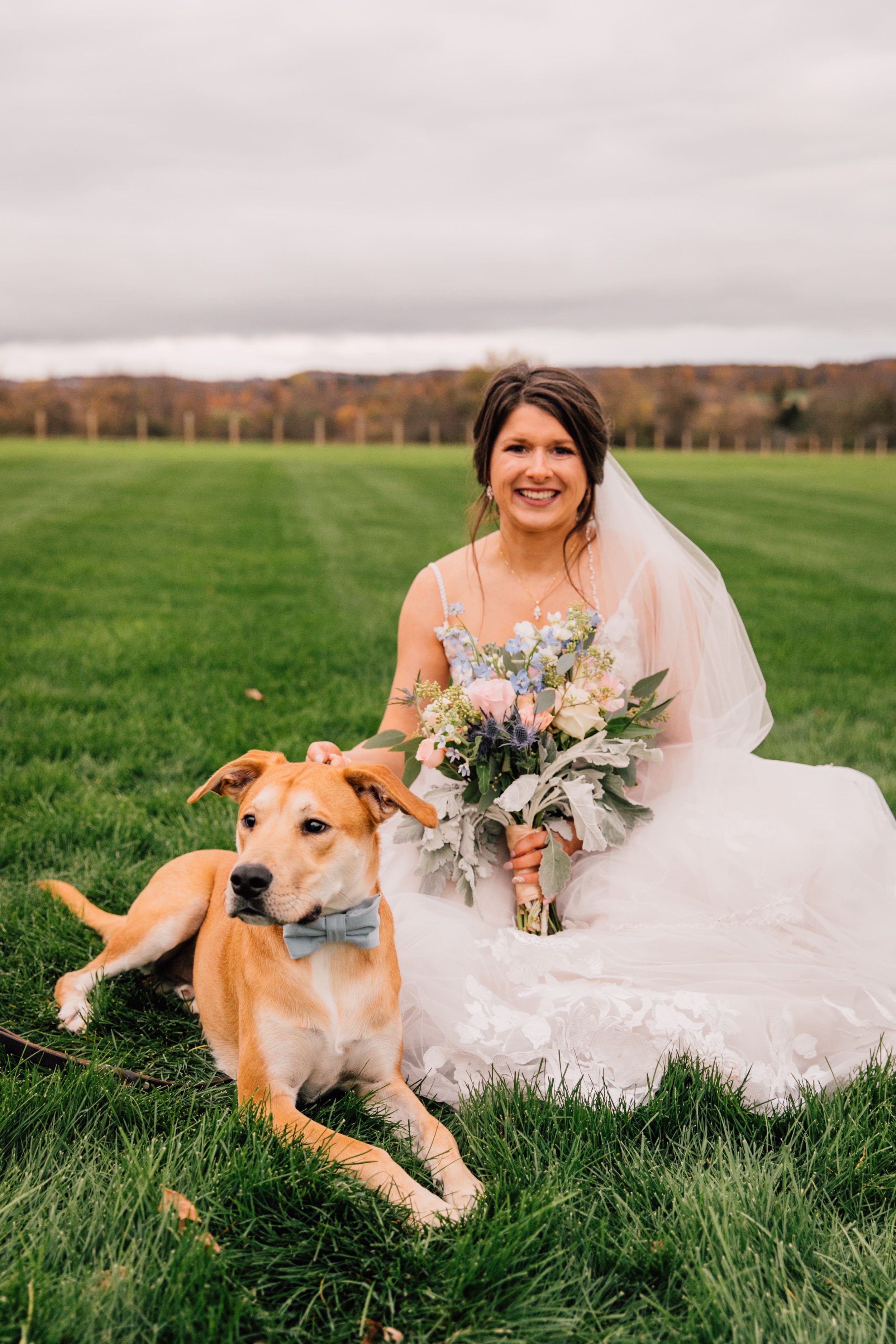  the bride sits in a field with her pup while posing for dog wedding photos 