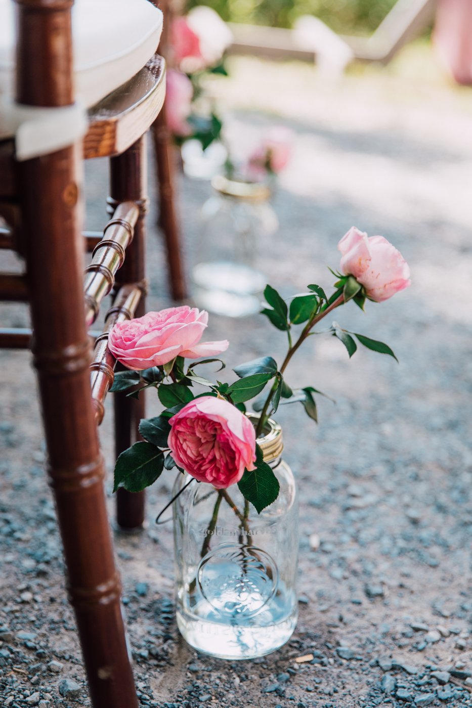  Pink garden roses in a mason jar line the aisle at a lakeside wedding ceremony  