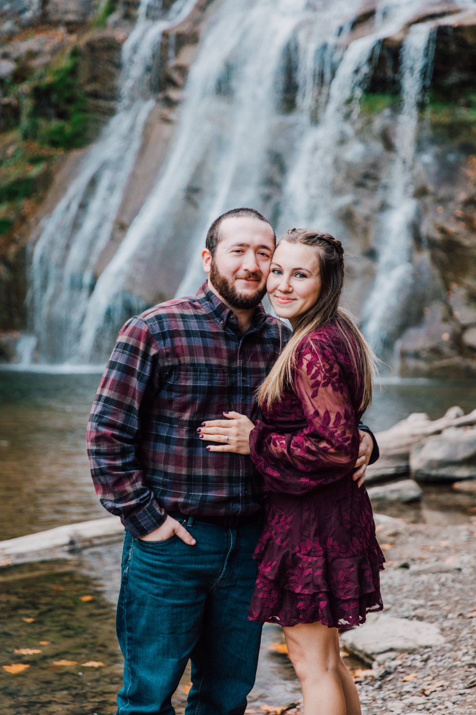  Engaged couple poses in front of the Delphi Falls during their engagement photos with Brittany Juravich 