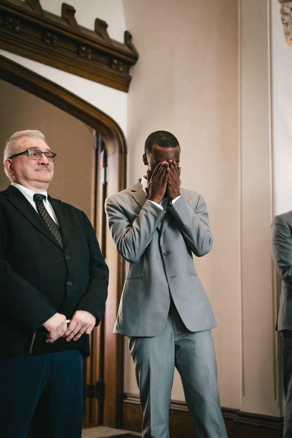  Groom tears up while his Bride walks down the aisle at their chapel wedding in Mendon, NY 