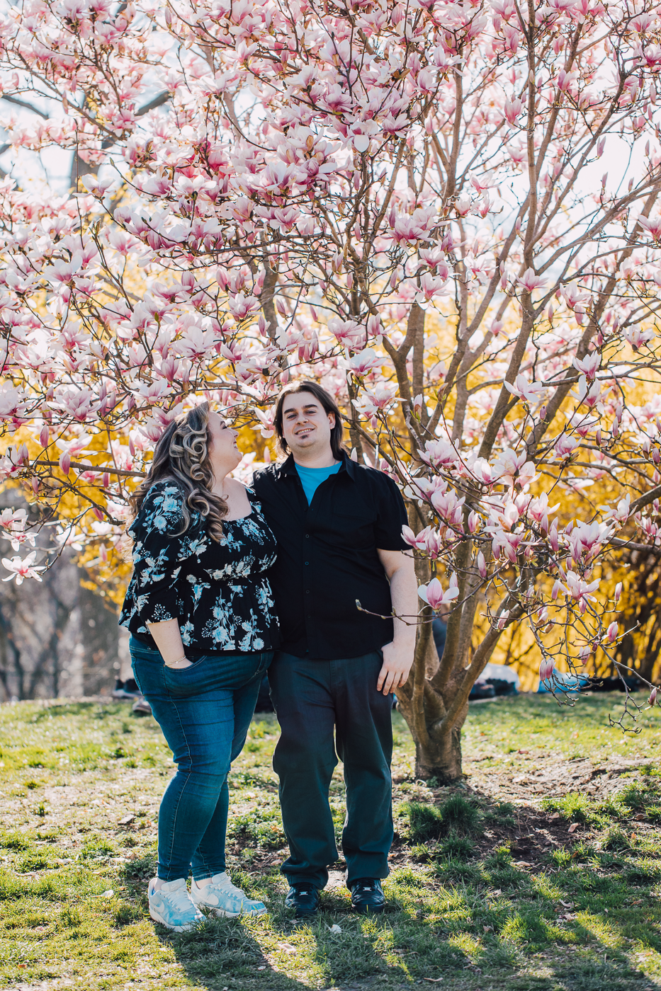  engaged couple stands under a cherry blossom tree while taking NEw York City engagement photos in Central Park 